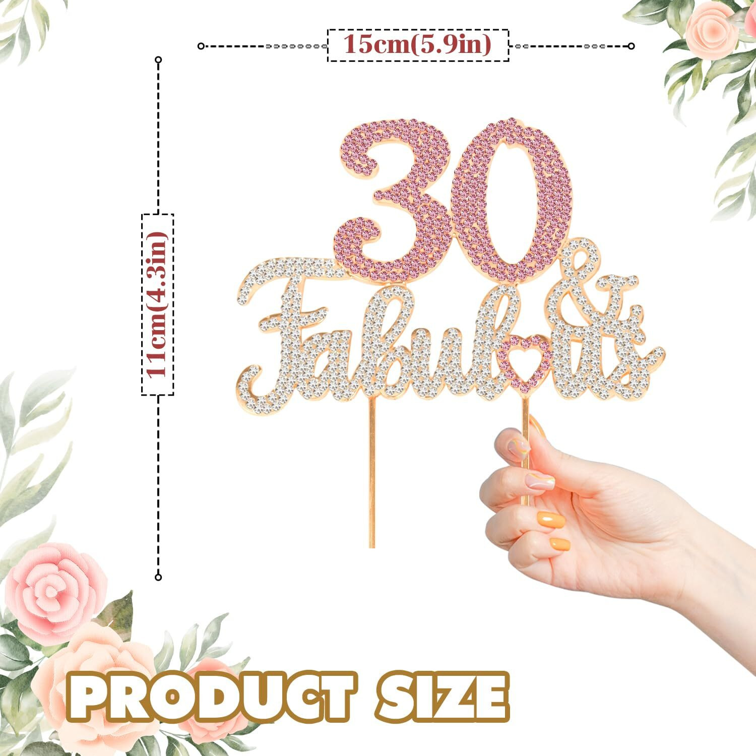 Laskyer 30 & Fabulous Gold & Pink Rhinestone Cake Topper - Happy 30Th Birthday Cheers To Thirty Years Old Bday Party Metal Sparkly Food Centerpieces Topper Decorations Keepsake.