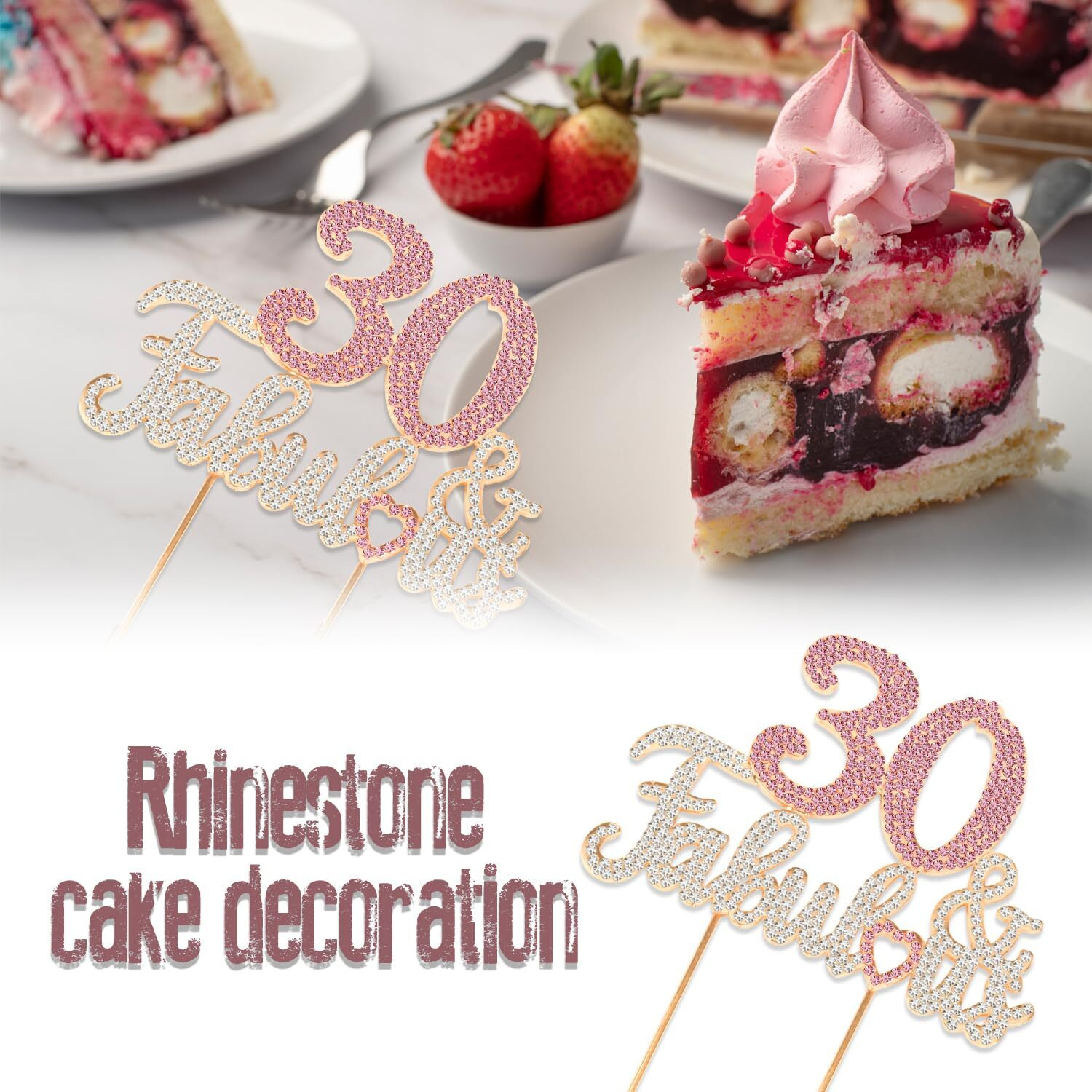 Laskyer 30 & Fabulous Gold & Pink Rhinestone Cake Topper - Happy 30Th Birthday Cheers To Thirty Years Old Bday Party Metal Sparkly Food Centerpieces Topper Decorations Keepsake.