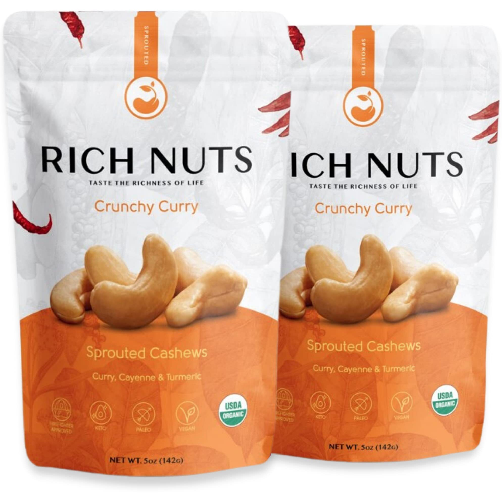 Rich Nuts Crunchy Curry Gourmet Sprouted Cashews | Vegan, Paleo, Keto | Curry Powder, Cayenne Pepper, Turmeric And Sea Salt | Non-Roasted, Dehyrdated, Germinated, Raw And Whole | 5 Oz Bag (2 Pack)