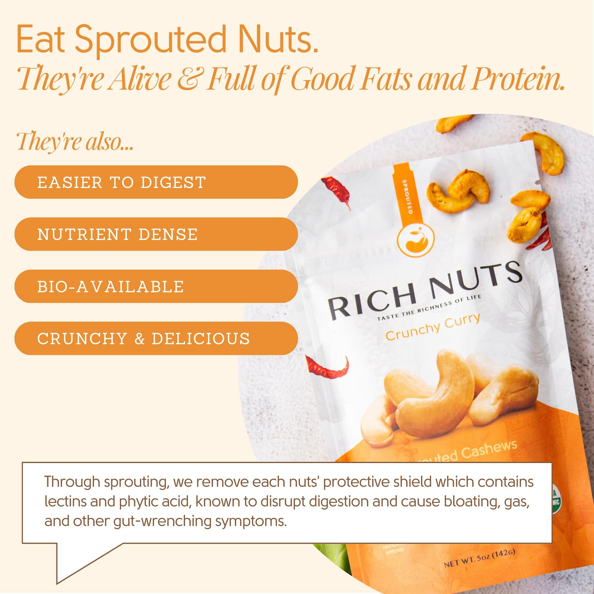 Rich Nuts Crunchy Curry Gourmet Sprouted Cashews | Vegan, Paleo, Keto | Curry Powder, Cayenne Pepper, Turmeric And Sea Salt | Non-Roasted, Dehyrdated, Germinated, Raw And Whole | 5 Oz Bag (2 Pack)