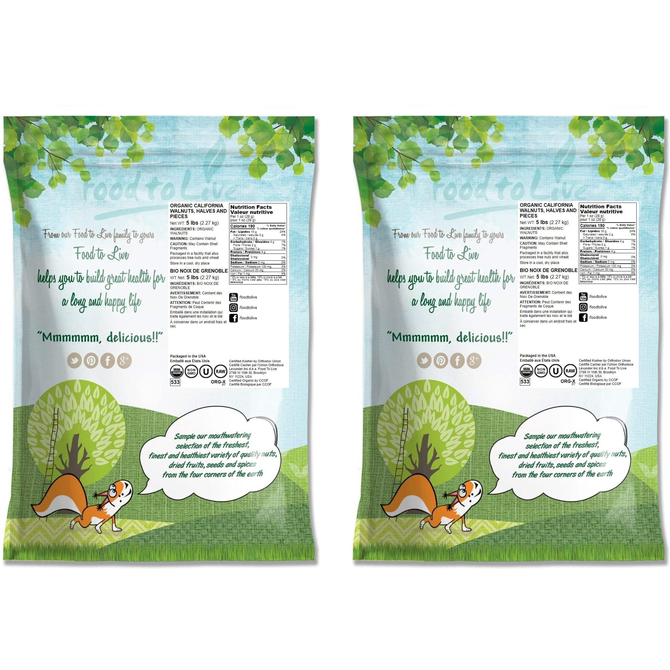 Food To Live Organic California Walnuts, 10 Pounds Halves & Pieces, Raw Nuts, Unsalted, No Shell, Suitable For Sirtfood Diet