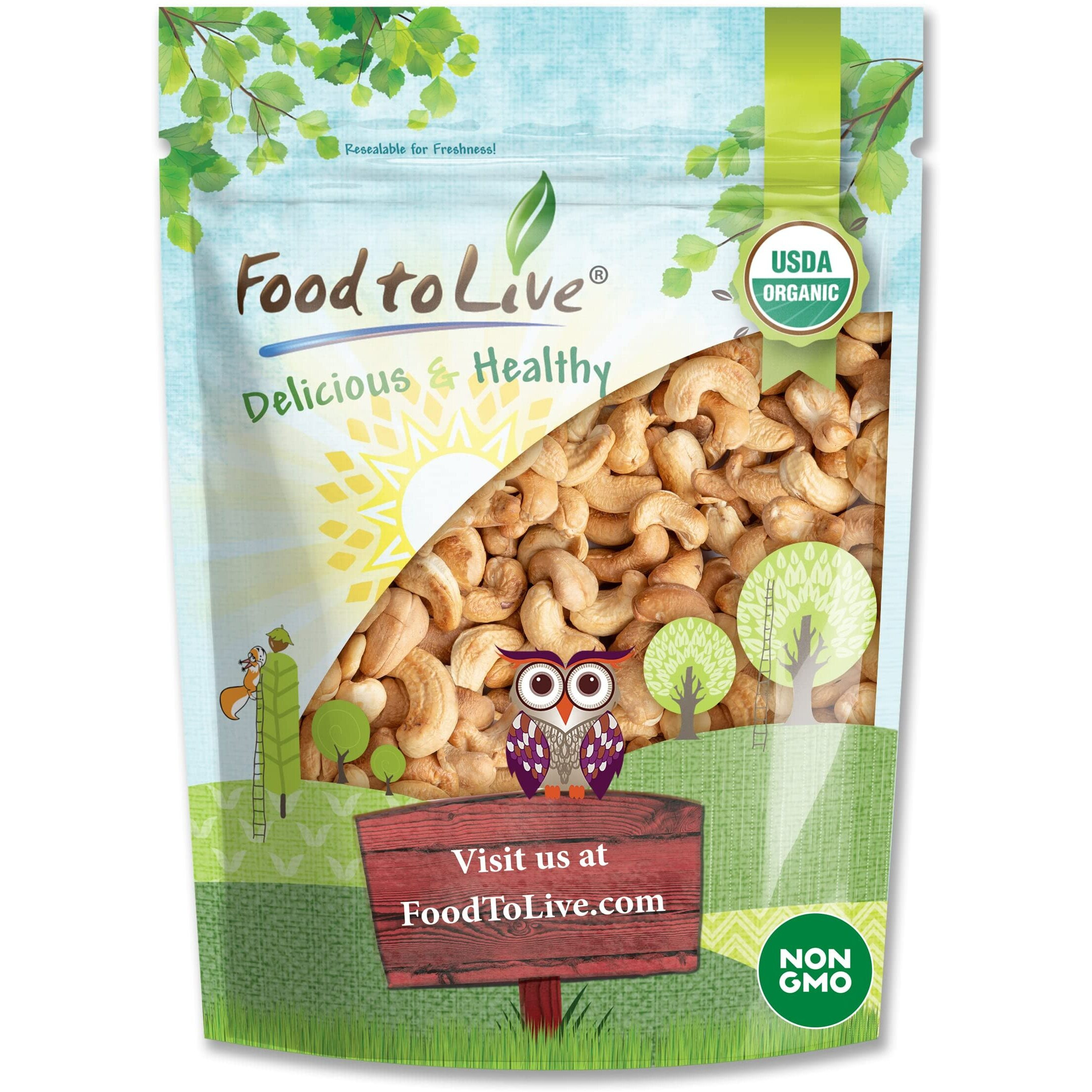 Food To Live Organic Dry Roasted Whole Cashews With Himalayan Salt, 2 Pounds Non-Gmo, Oven Roasted And Lightly Salted Nuts, No Oil Added, Vegan, Kosher. High In Protein. Great Wholesome Snack