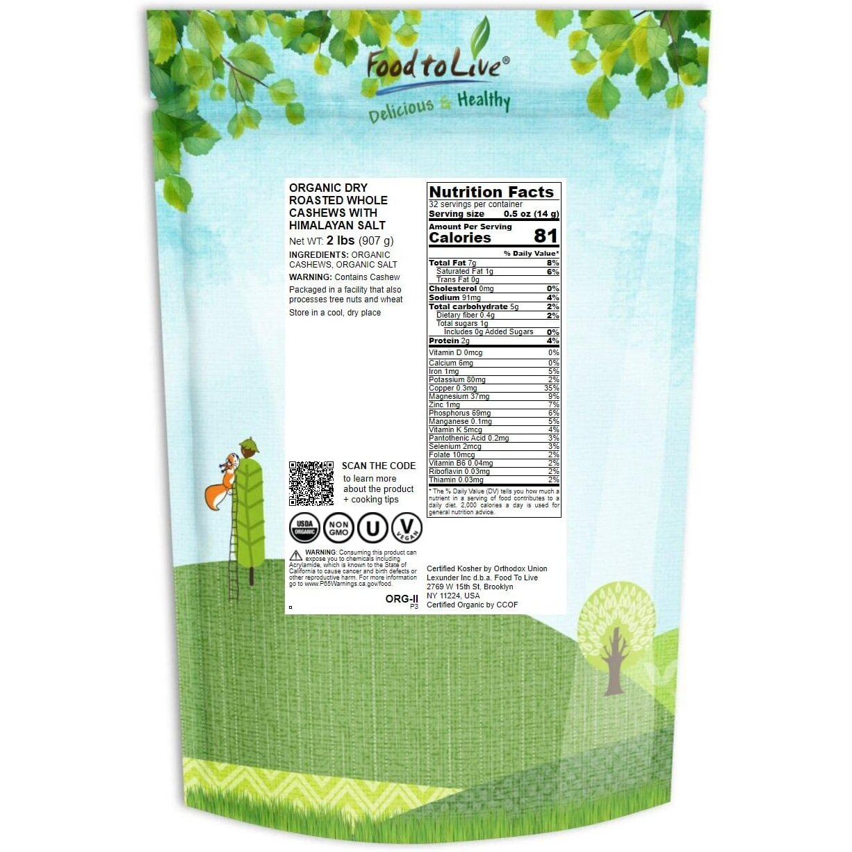 Food To Live Organic Dry Roasted Whole Cashews With Himalayan Salt, 2 Pounds Non-Gmo, Oven Roasted And Lightly Salted Nuts, No Oil Added, Vegan, Kosher. High In Protein. Great Wholesome Snack