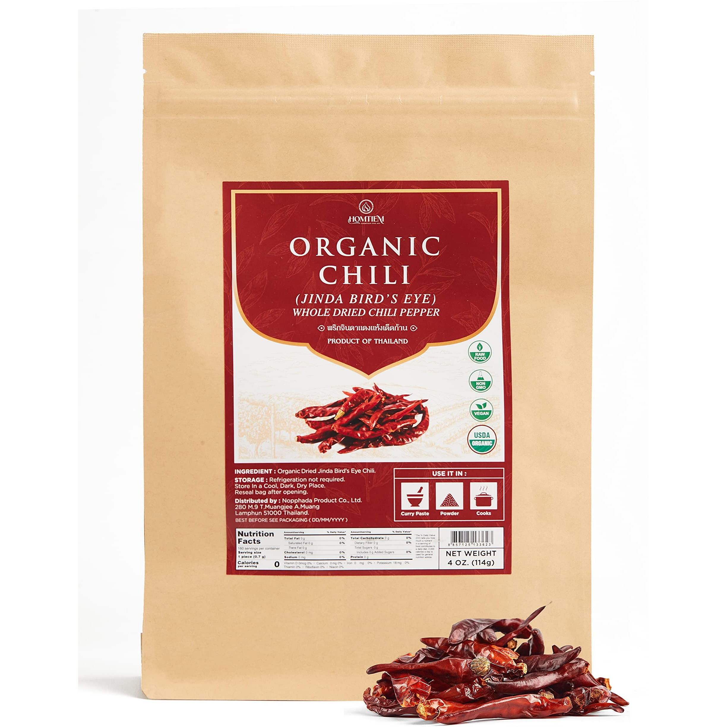 Homtiem Organic Red Jinda Dried Chili Peppers 4 Oz, The Secret Of Spiciness And Flavor, Perfect For Tom Yum Soup And Pad Thai. Great For Mexican Recipes, Europe Recipes And Asian Recipes (Mild Hot)