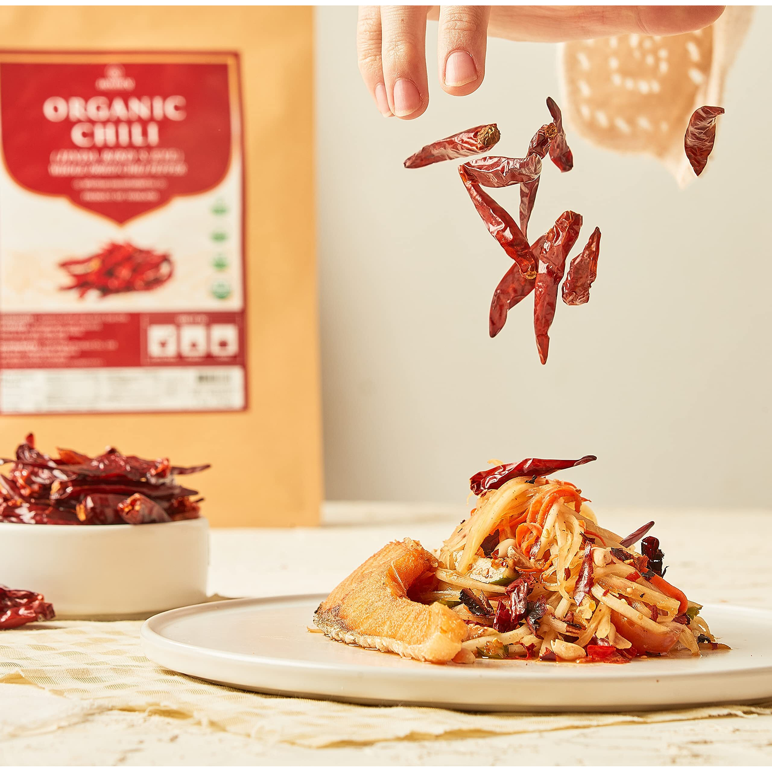 Homtiem Organic Red Jinda Dried Chili Peppers 4 Oz, The Secret Of Spiciness And Flavor, Perfect For Tom Yum Soup And Pad Thai. Great For Mexican Recipes, Europe Recipes And Asian Recipes (Mild Hot)