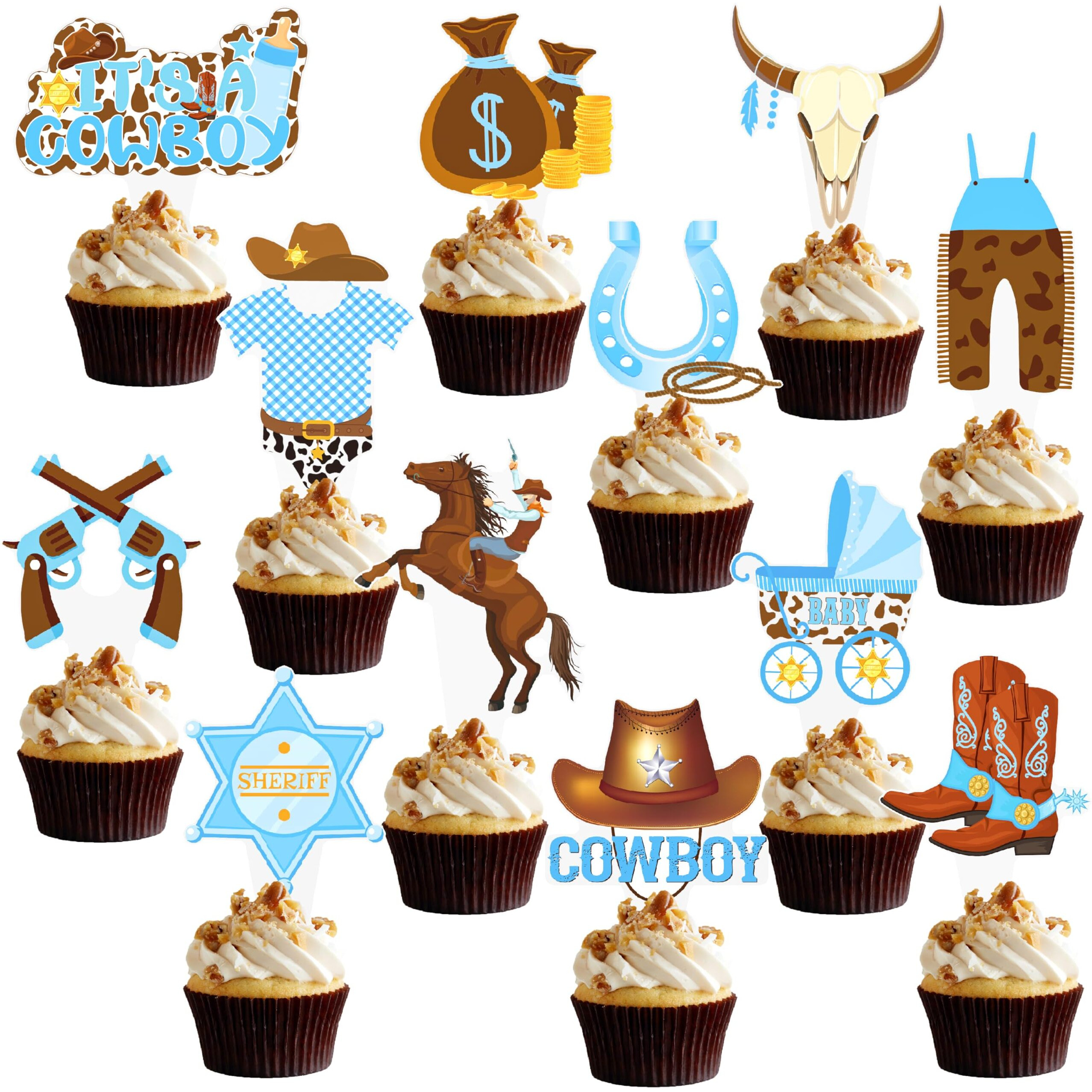 48Pcs Cowboy Baby Shower Cupcake Toppers Western Theme Cupcake Toppers Cowboy Cake Decoration For Kids Cowboy Birthdays Party Baby Shower Party Supplies,Western Decorations