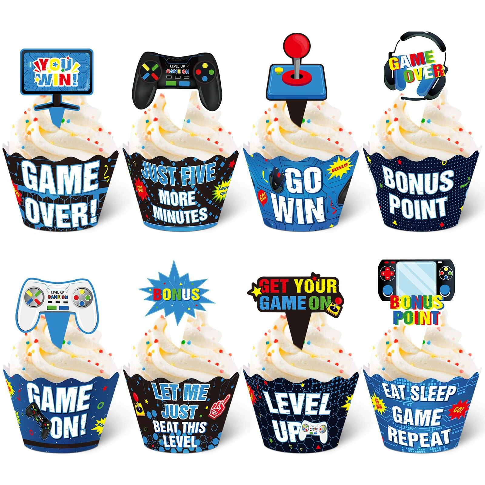 Nuenen 96 Pcs Video Game Cupcake Decoration Game Themed Cupcake Toppers And Wrappers Gamer Birthday Cupcake Picks Game On Cupcake Wrappers Level Up Cupcake Decor For Gaming Party Supplies (Blue)