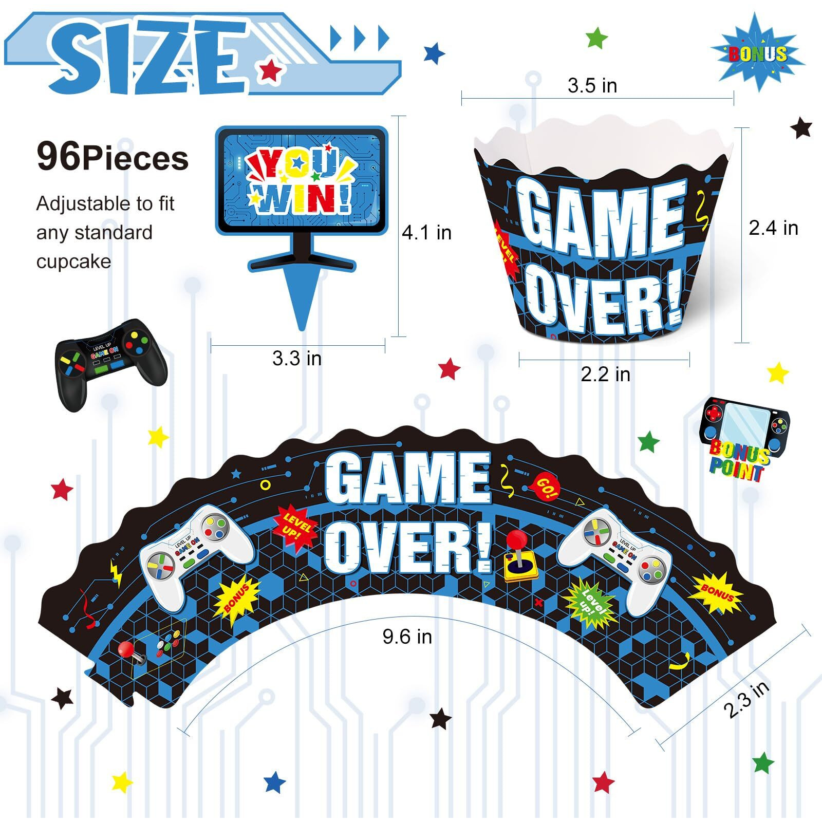 Nuenen 96 Pcs Video Game Cupcake Decoration Game Themed Cupcake Toppers And Wrappers Gamer Birthday Cupcake Picks Game On Cupcake Wrappers Level Up Cupcake Decor For Gaming Party Supplies (Blue)
