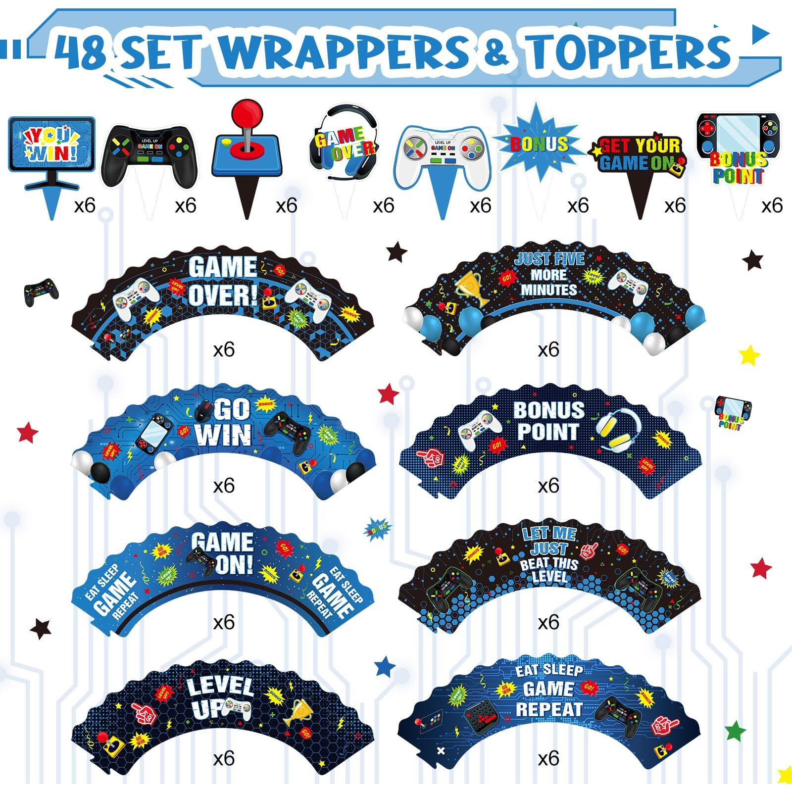 Nuenen 96 Pcs Video Game Cupcake Decoration Game Themed Cupcake Toppers And Wrappers Gamer Birthday Cupcake Picks Game On Cupcake Wrappers Level Up Cupcake Decor For Gaming Party Supplies (Blue)