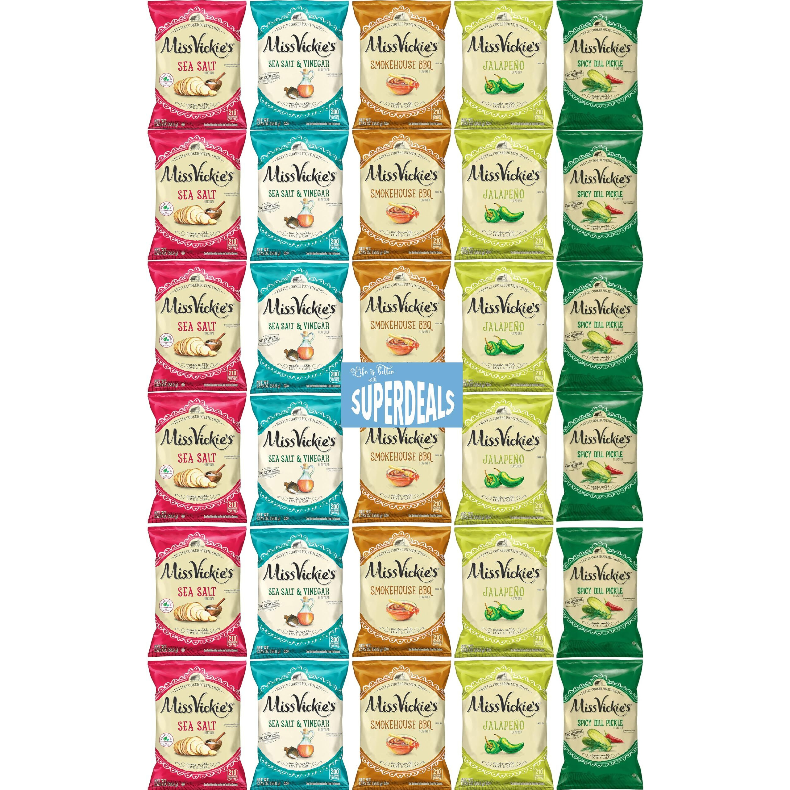 Kettle Cooked Potato Chips By Miss Vickie's Value Pack Bundled By Superdeals | 1.375 Oz Bag | Supreme 5 Flavor Variety Pack Includes 6 Sea Salt, 6 Sea Salt & Vinegar, 6 Smokehouse Bbq, 6 Jalapeno, 6 Spicy Dill Pickle | Pack Of 30 With Mystery Bonus Gift