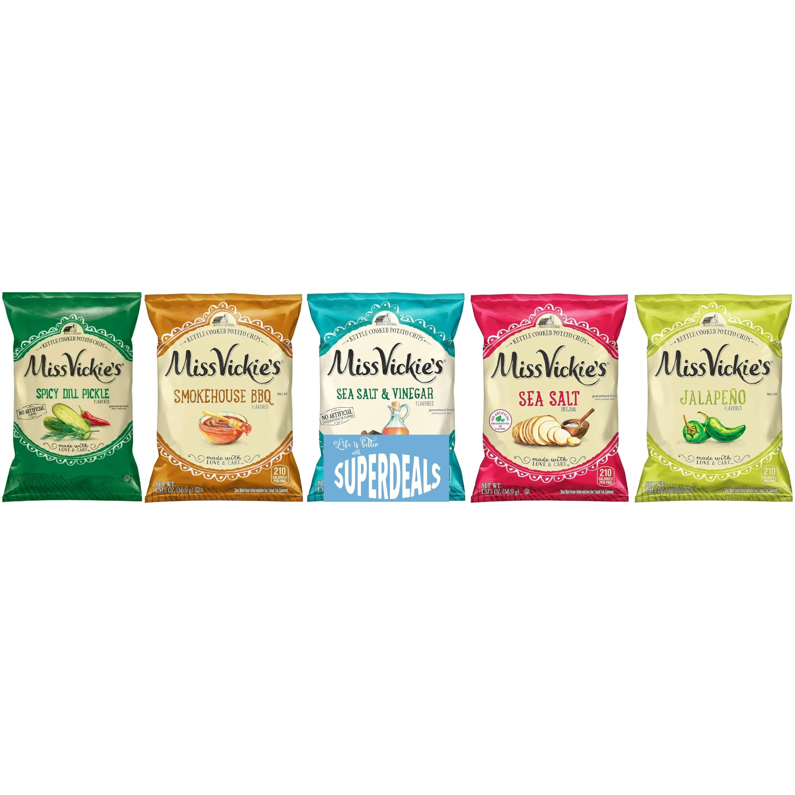 Kettle Cooked Potato Chips By Miss Vickie's Value Pack Bundled By Superdeals | 1.375 Oz Bag | Supreme 5 Flavor Variety Pack Includes 6 Sea Salt, 6 Sea Salt & Vinegar, 6 Smokehouse Bbq, 6 Jalapeno, 6 Spicy Dill Pickle | Pack Of 30 With Mystery Bonus Gift