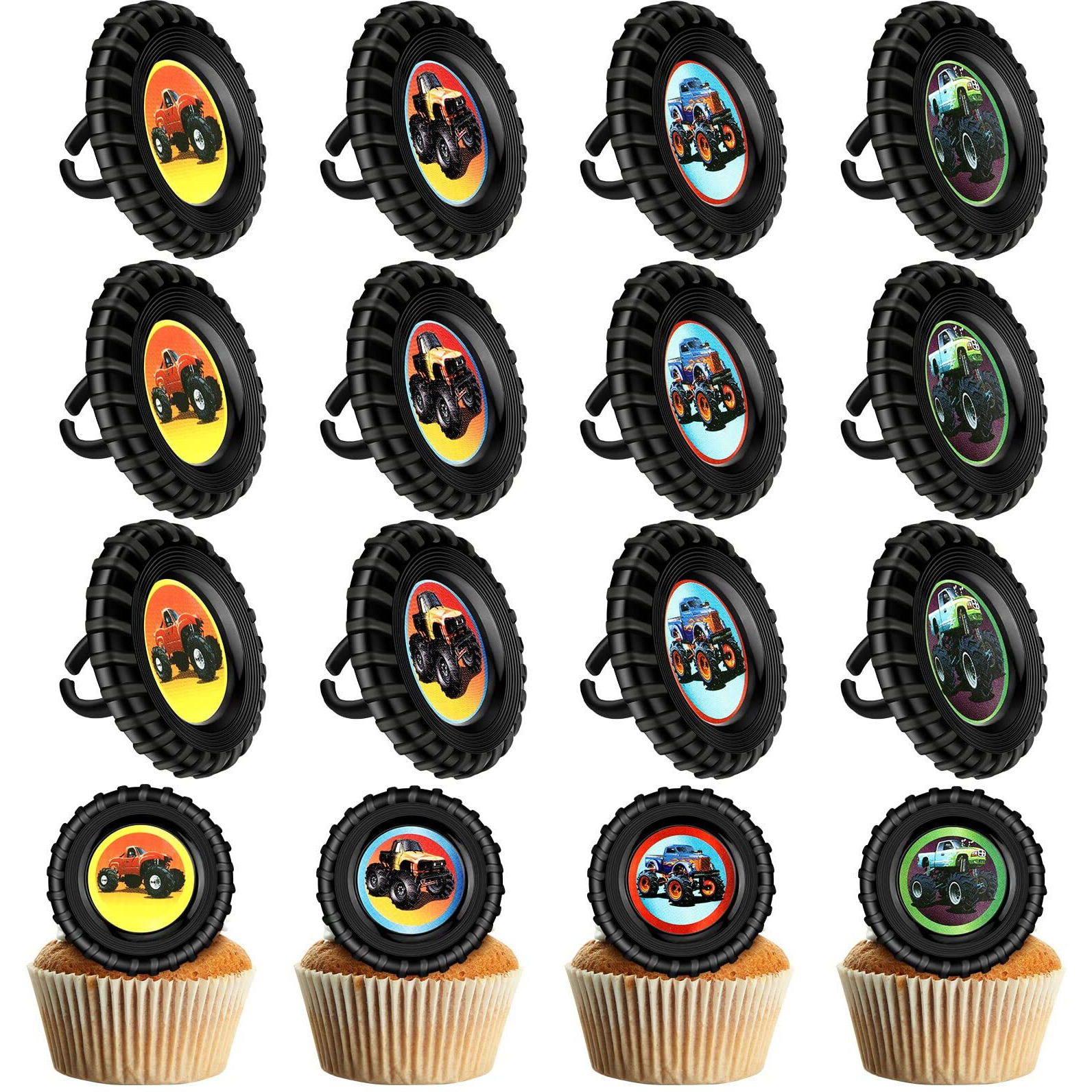 48 Pieces Truck Cupcake Rings Monster Truck Cupcake Toppers Rings Colorful Trucks Birthday Cupcake Decorations For Race Car Party Supplies, 4 Styles