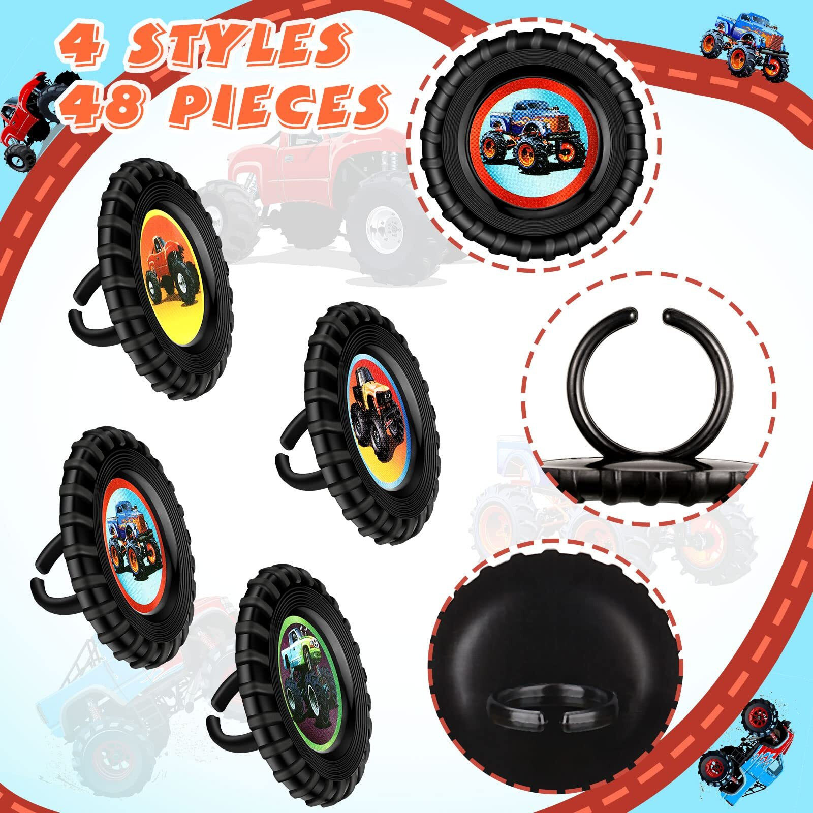 48 Pieces Truck Cupcake Rings Monster Truck Cupcake Toppers Rings Colorful Trucks Birthday Cupcake Decorations For Race Car Party Supplies, 4 Styles