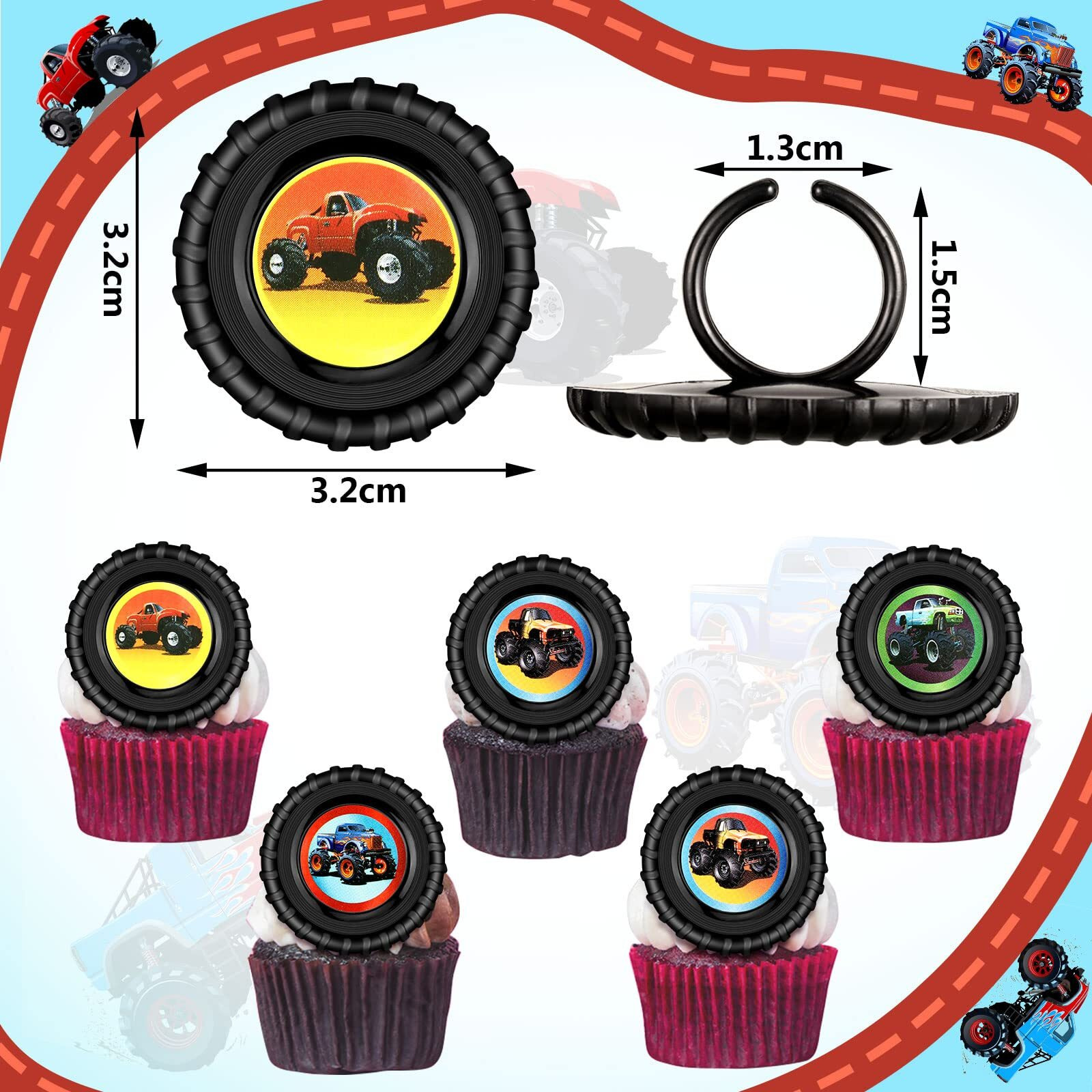 48 Pieces Truck Cupcake Rings Monster Truck Cupcake Toppers Rings Colorful Trucks Birthday Cupcake Decorations For Race Car Party Supplies, 4 Styles