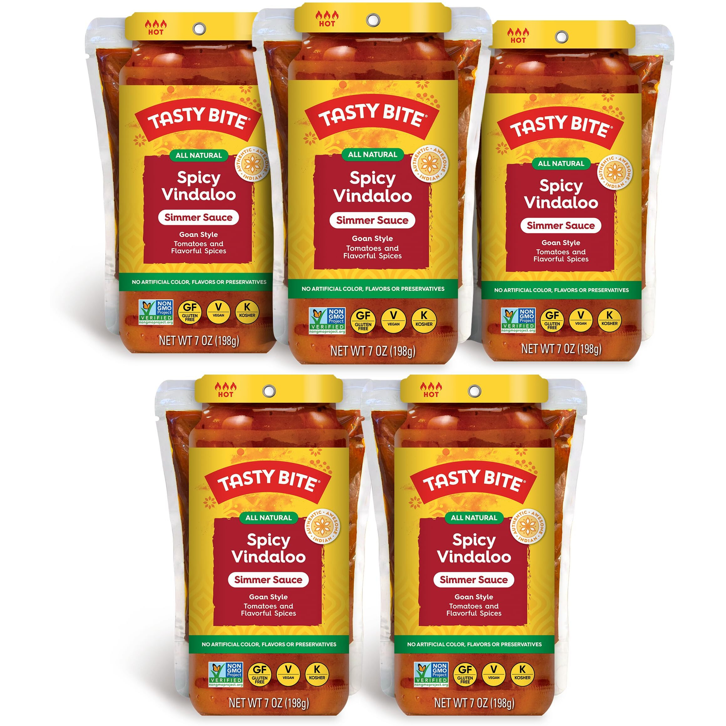 Tasty Bite Goan Style Spicy Vindaloo Simmer Sauce, 7-Ounce 5-Pack, 3-4 Servings Per Pouch, Vegan, Kosher, Non Gmo
