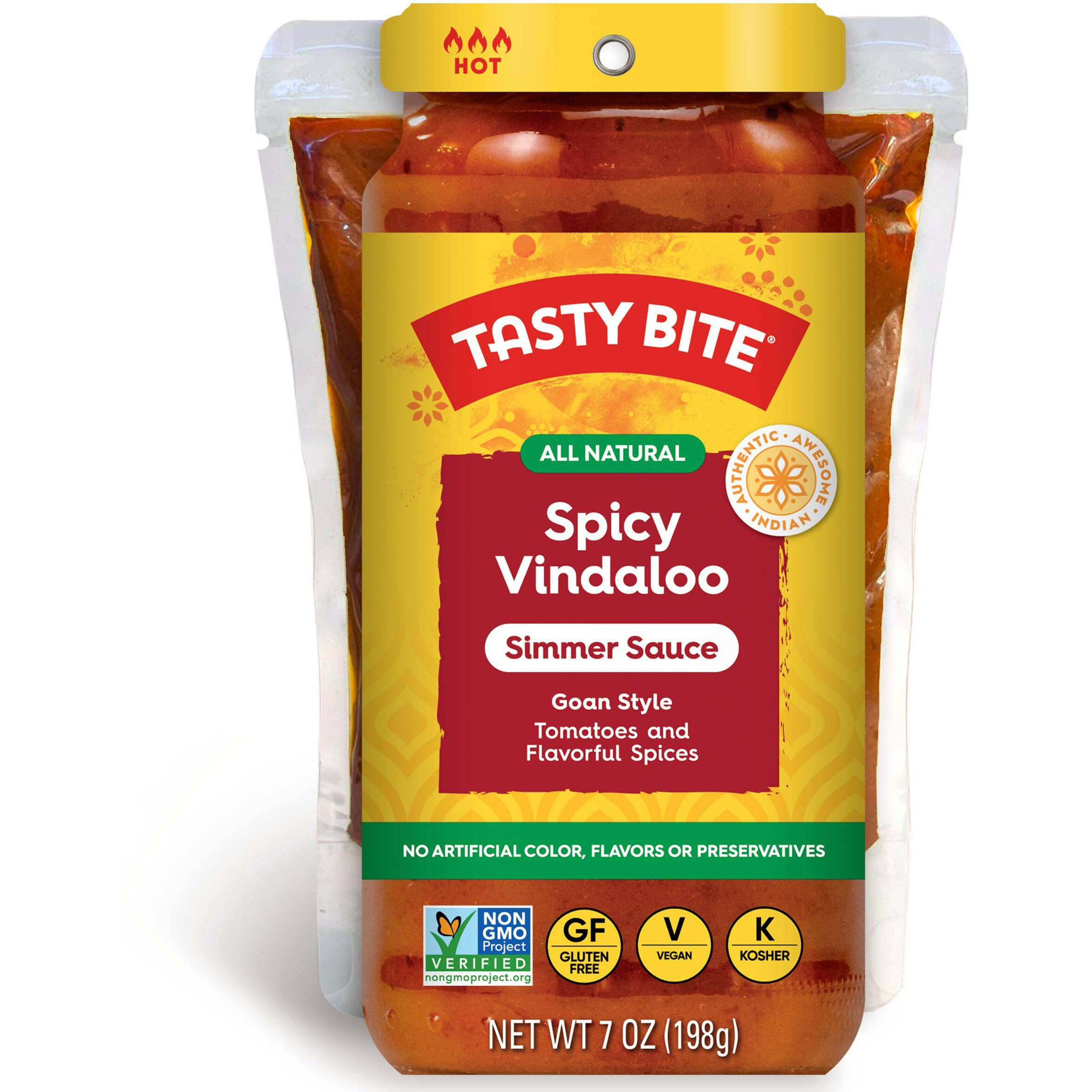Tasty Bite Goan Style Spicy Vindaloo Simmer Sauce, 7-Ounce 5-Pack, 3-4 Servings Per Pouch, Vegan, Kosher, Non Gmo