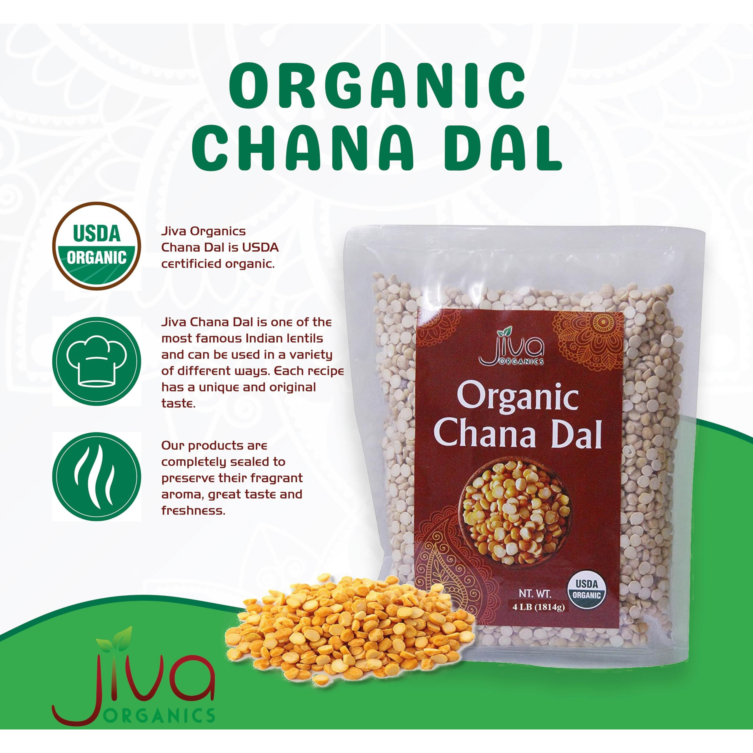 Jiva Organic Chana Dal Indian 4 Pound Bag - Non-Gmo Pesticide Free Premium Quality Yellow, 64 Oz