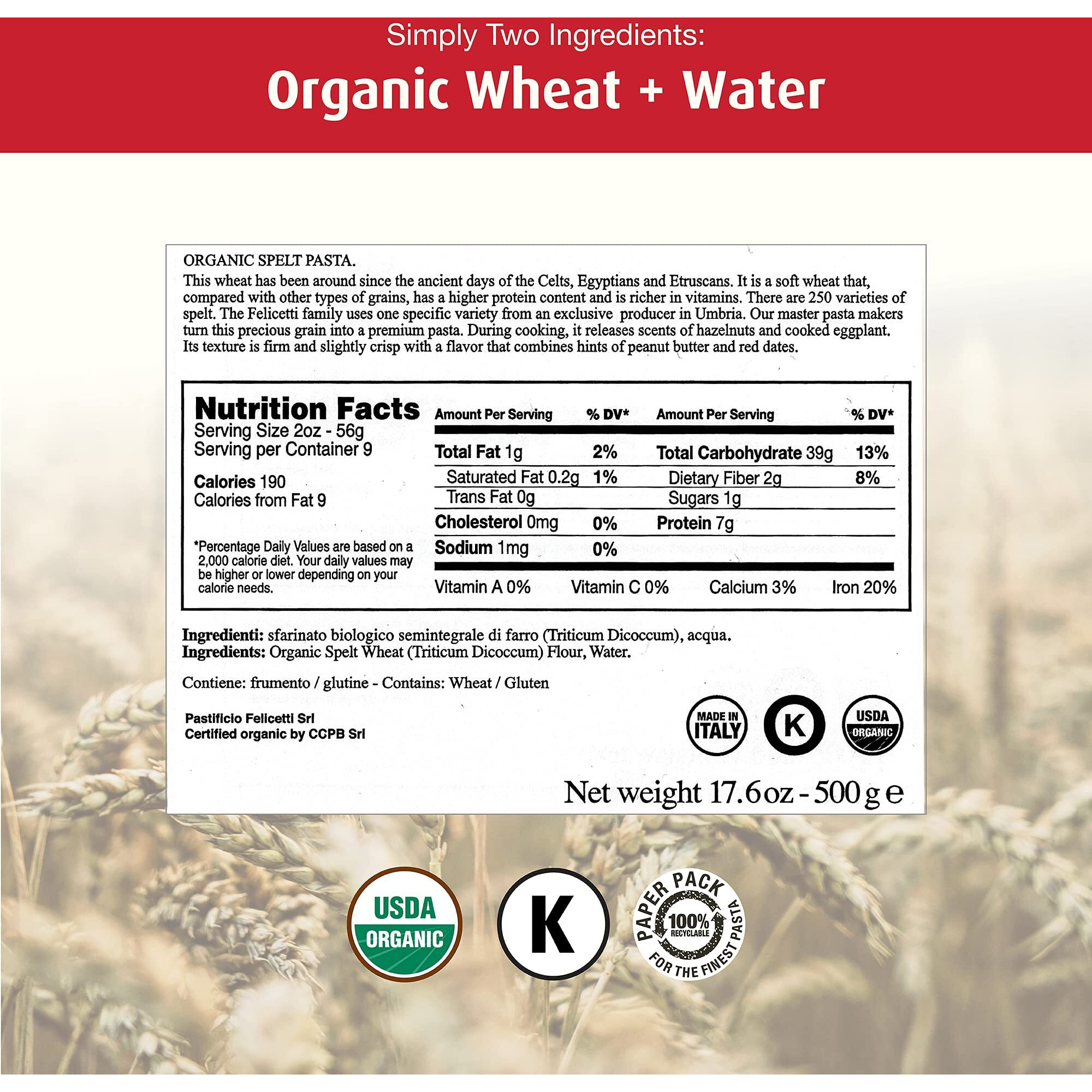 Monograno Felicetti Farro Spaghetti Pasta Italian Organic Non-Gmo 17.6Oz (500G) 2 Pack