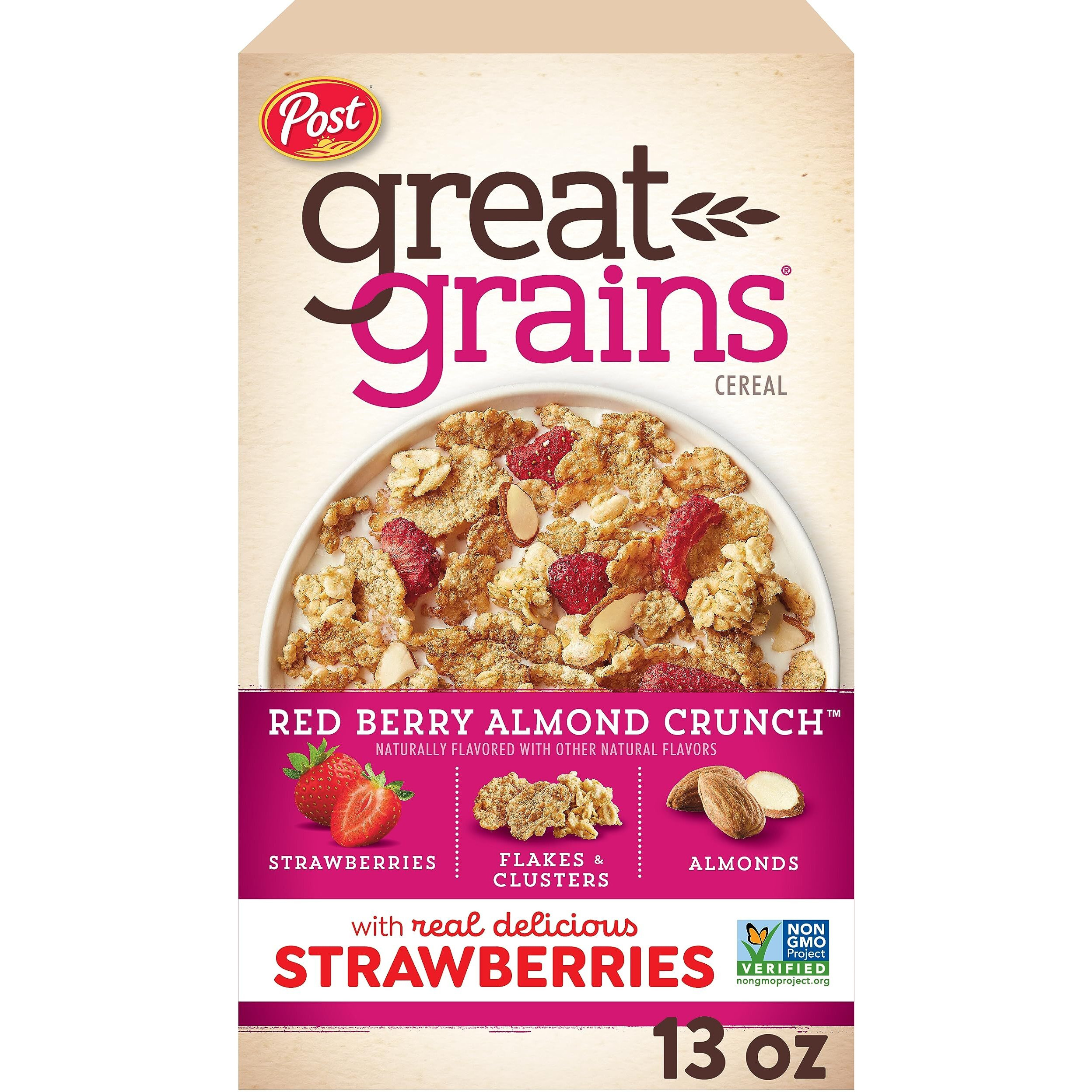 Great Grains Red Berry Almond Crunch Cereal, Strawberry Cereal With Granola Clusters And Sliced Almonds, Non-Gmo Project Verified, 13 Oz Box