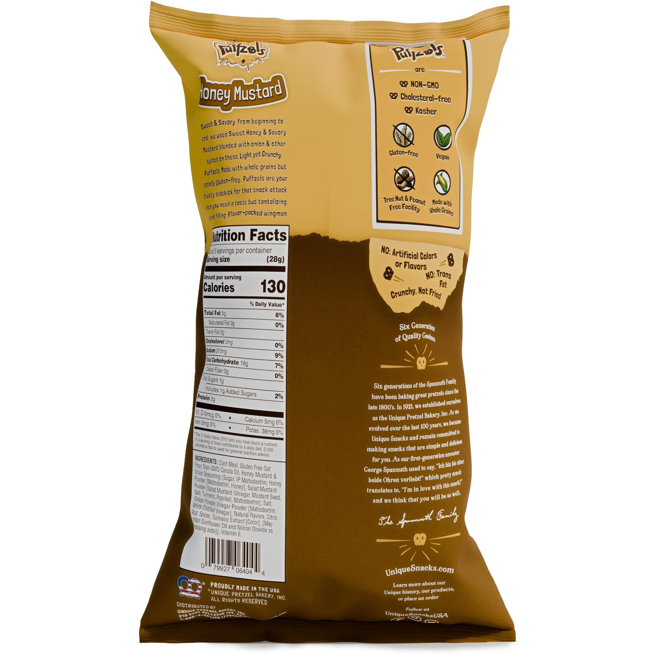 Unique Snacks Puffzels, Sweet Honey And Savory Mustard Flavor With A Fun Pretzel Crunch, Gluten-Free Snacks, 4.8 Oz. Snack Bag, Pack Of 6, Honey Mustard