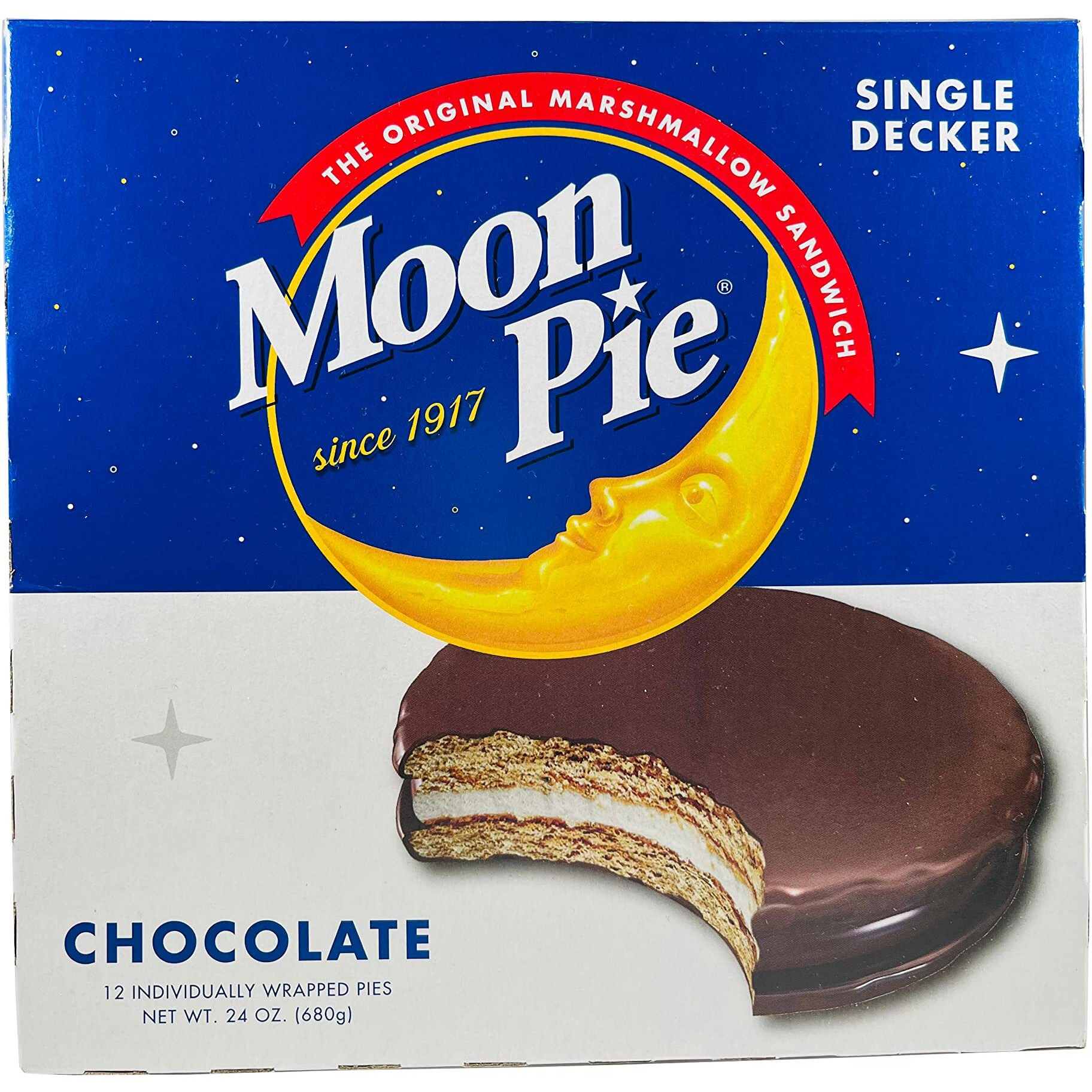 Moon Pie Single Decker - Chocolate. The Original Marshmallow Sandwich, 12 Pies Per Box