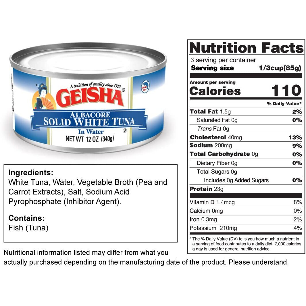 Geisha Solid White Tuna In Water 12Oz(Pack Of 24), Canned Albacore Tuna | No Trans Fat - No Sugar Added - Kosher Certified - Gluten Free - Omega 3 - Good Source Of Protein