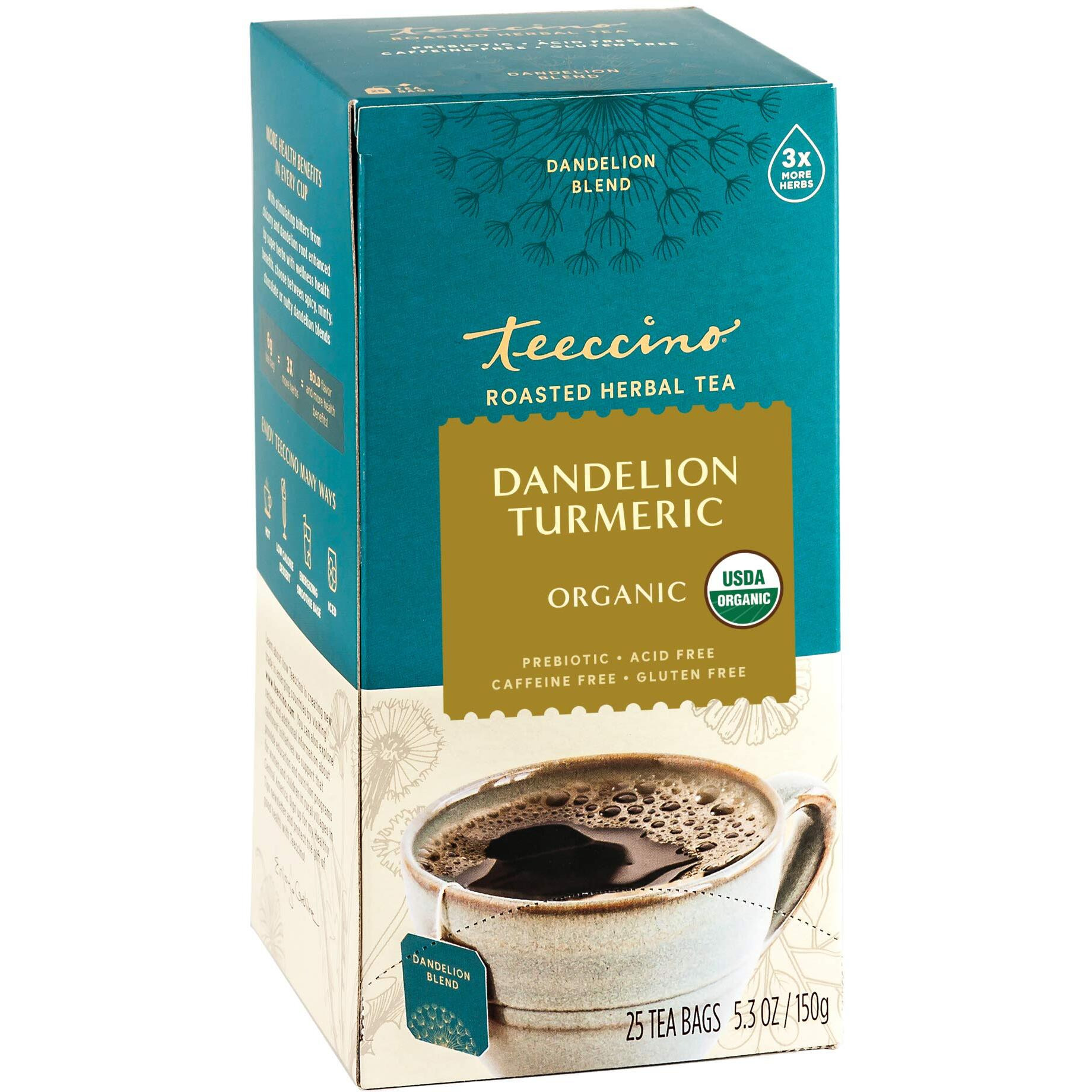 Teeccino Dandelion Turmeric Tea - Caffeine-Free, Organic, Roasted Herbal Tea With Prebiotics, 3X More Herbs Than Regular Tea Bags, Gluten Free - 25 Tea Bags
