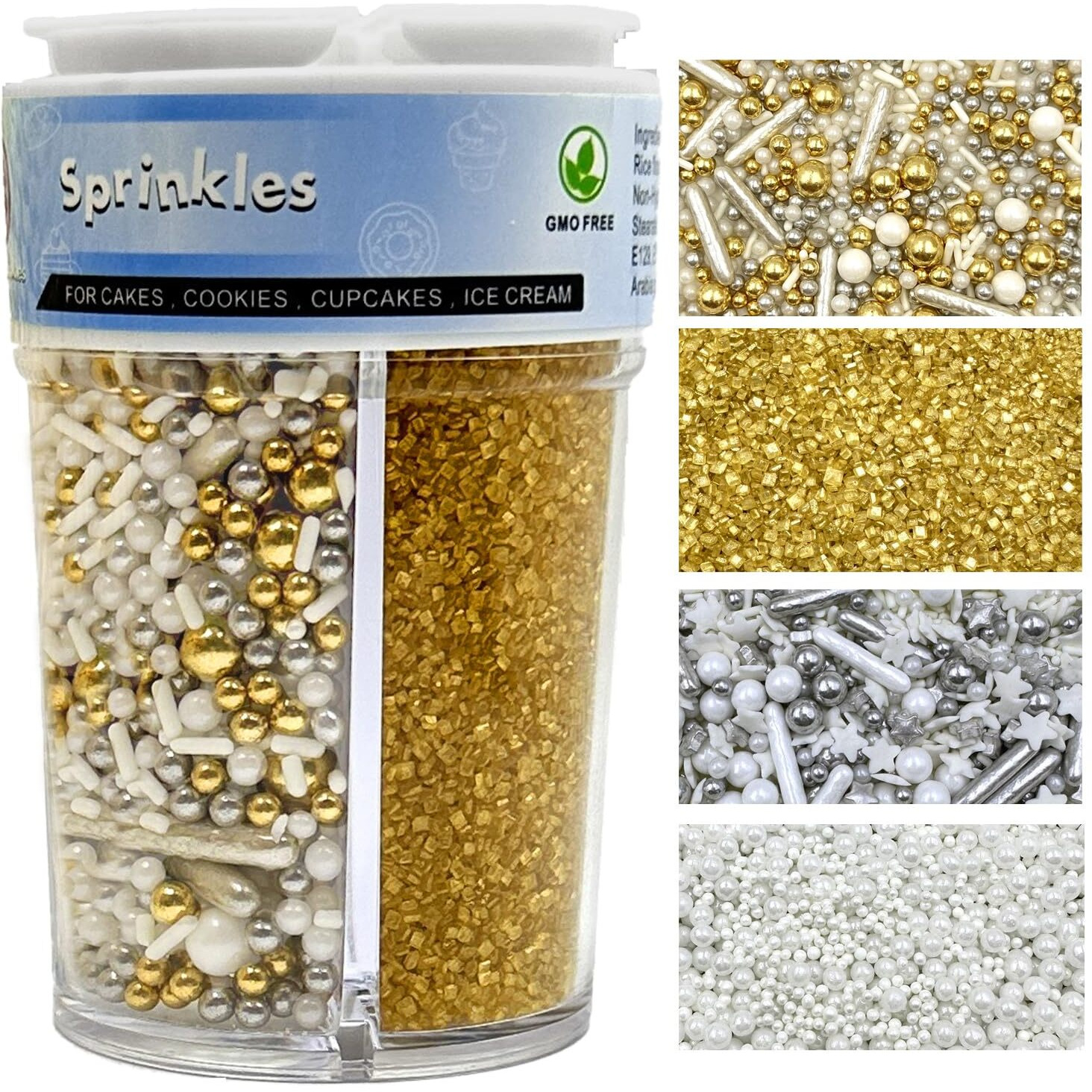 Sprinkles For Cake Decorating, Gold Sanding White Pearl Silver Jimmies Sprinkles Mix For Ice Cream Brownie Cookie Cupcake Baking Decorations