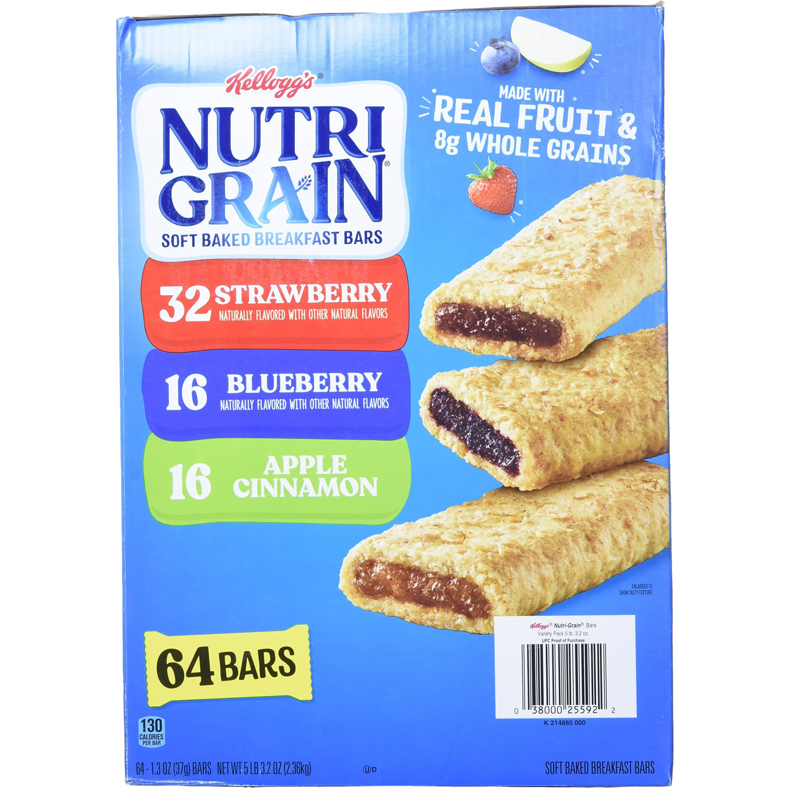 Cereal Bars Kellogg's Nutri-Grain Breakfast Bars, Variety, Strawberry,Blueberry, 1.3 Oz, 64 Count