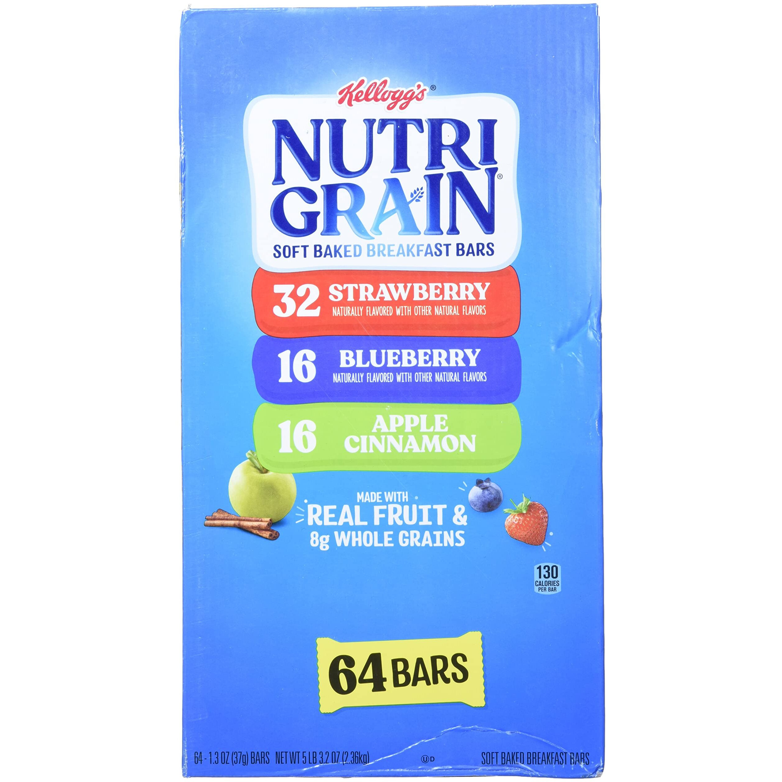 Cereal Bars Kellogg's Nutri-Grain Breakfast Bars, Variety, Strawberry,Blueberry, 1.3 Oz, 64 Count