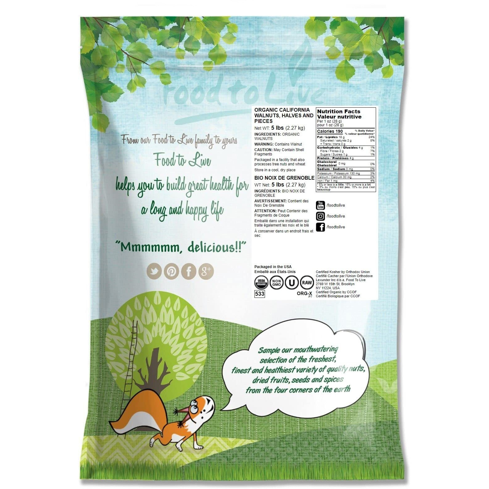 Food To Live - Organic California Walnuts, 5 Pounds Halves & Pieces, Raw Nuts, Unsalted, No Shell, Suitable For Sirtfood Diet