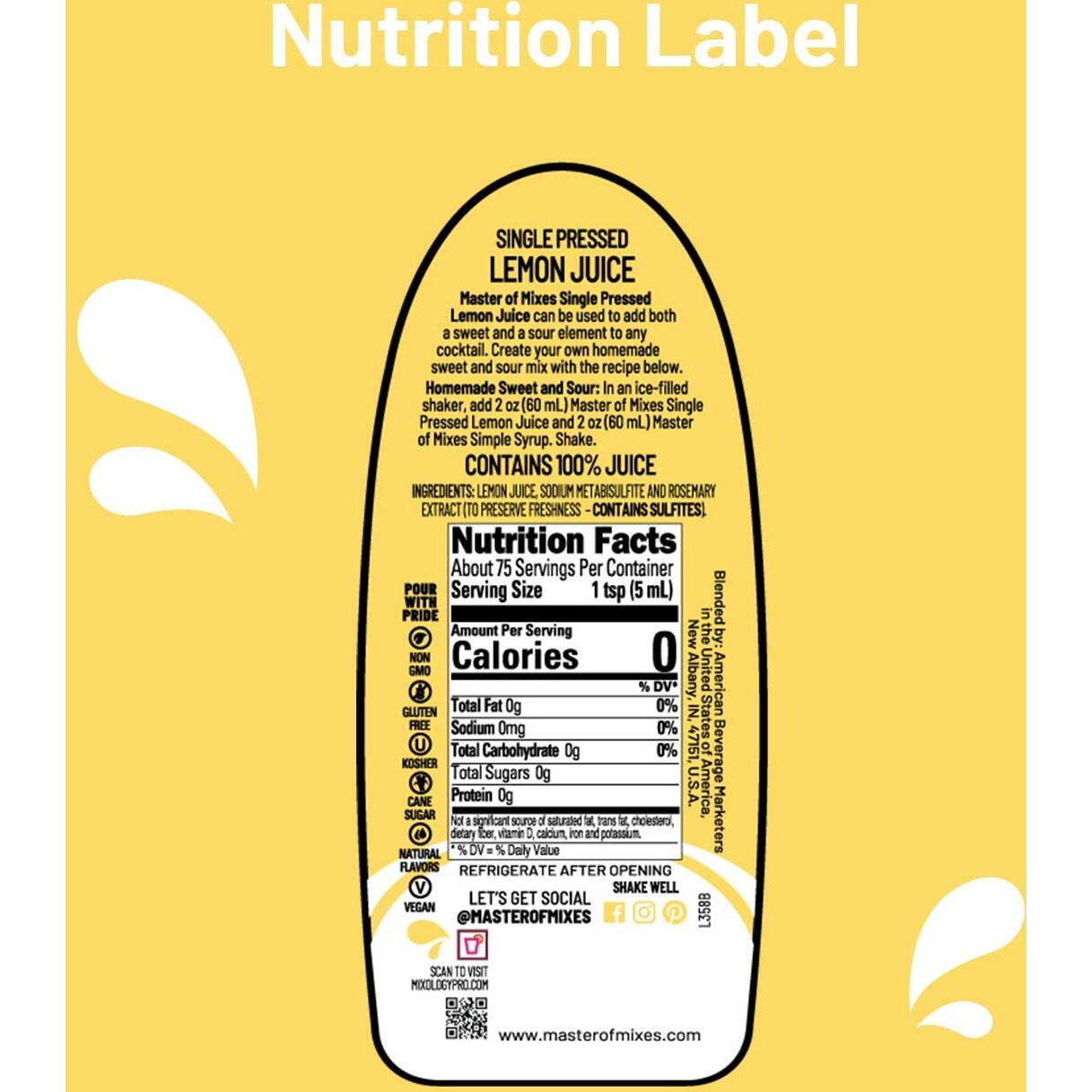 Master Of Mixes Cocktail Essentials Single Pressed Lemon Juice, 375 Ml Bottle (12.7 Fl Oz), Individually Boxed