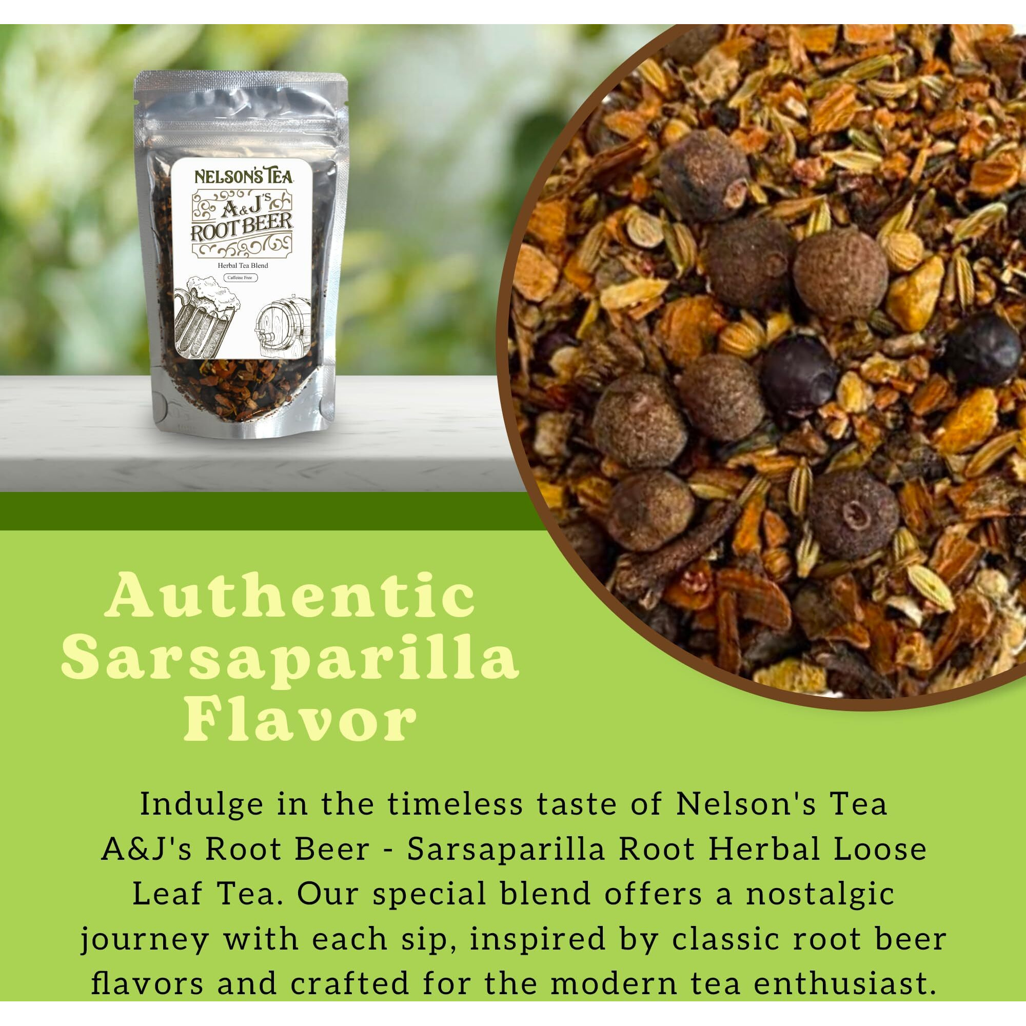 Nelson's Tea - A&J's Root Beer Burdock, Licorice, Dandelion, Chicory, Ginger Root, Sarsaparilla, Birch Bark, Star Anise, Fennel Seed, Cinnamon Chip, Coriander, Cloves, Juniper Berry, Flavoring (4 Oz)