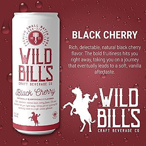 Wild Bill's Black Cherry Soda Classic Craft Soda Pop Soft Drinks, Sodas Made With Pure Cane Sugar, Caffeine Free, No High Fructose Corn Syrup, Gluten Free, Vegan, Low Sodium, 12 Oz 4 Pack