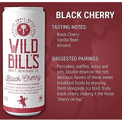 Wild Bill's Black Cherry Soda Classic Craft Soda Pop Soft Drinks, Sodas Made With Pure Cane Sugar, Caffeine Free, No High Fructose Corn Syrup, Gluten Free, Vegan, Low Sodium, 12 Oz 4 Pack