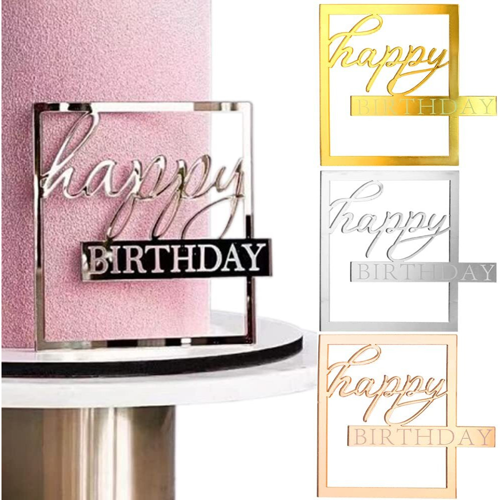 Mirror Acrylic Happy Birthday Cake Toppers Happy Birthday Cupcake Topper Hollow Frame Side Cake Topper Cake Decorations Cake Inserts Cake Decor Happy Birthday Decorations Cake Decorating Supplies,3Pcs