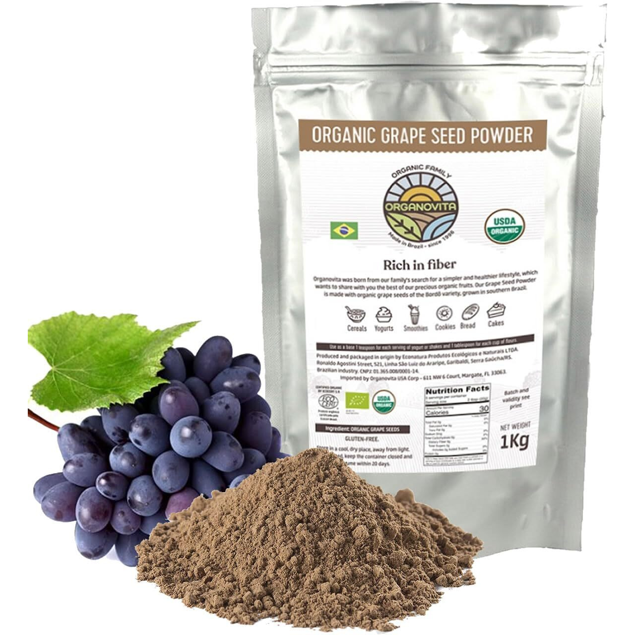 Organovita | Organic Powder | Blend In Smoothies, Cakes | High Fiber Content, Made With Cold-Pressed Natural Ingredients | Gluten-Free | All Purpose Powder, Antioxidants Rich - Certified Usda (Grape Seed, 2.2 Lbs)