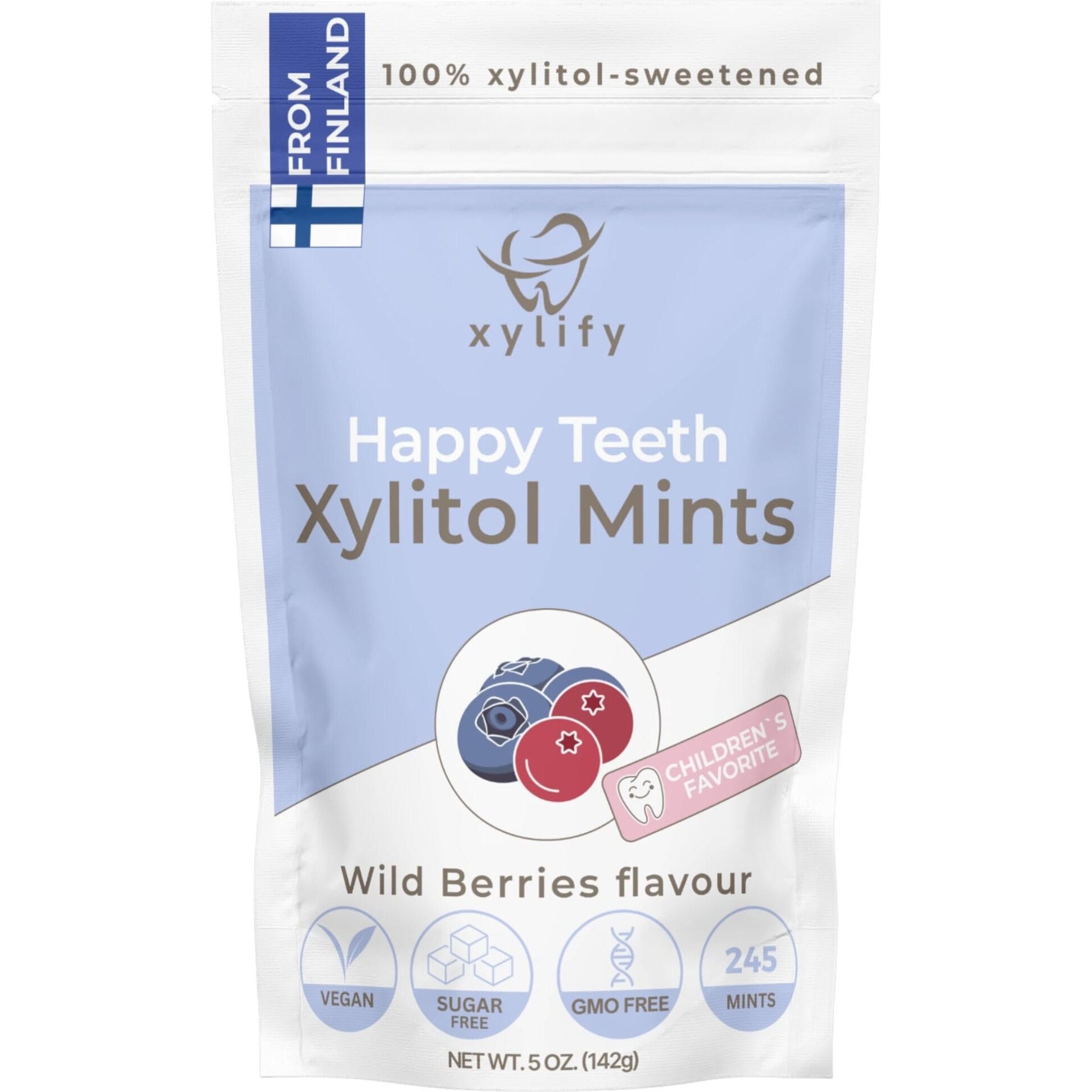 Xylitol Mints For Oral Care - Wild Berries Flavor, 100% Xylitol Sweetened, Sugar Free Candy, Happy Teeth Dental Mints From Finland. 5Oz - 245 Mints