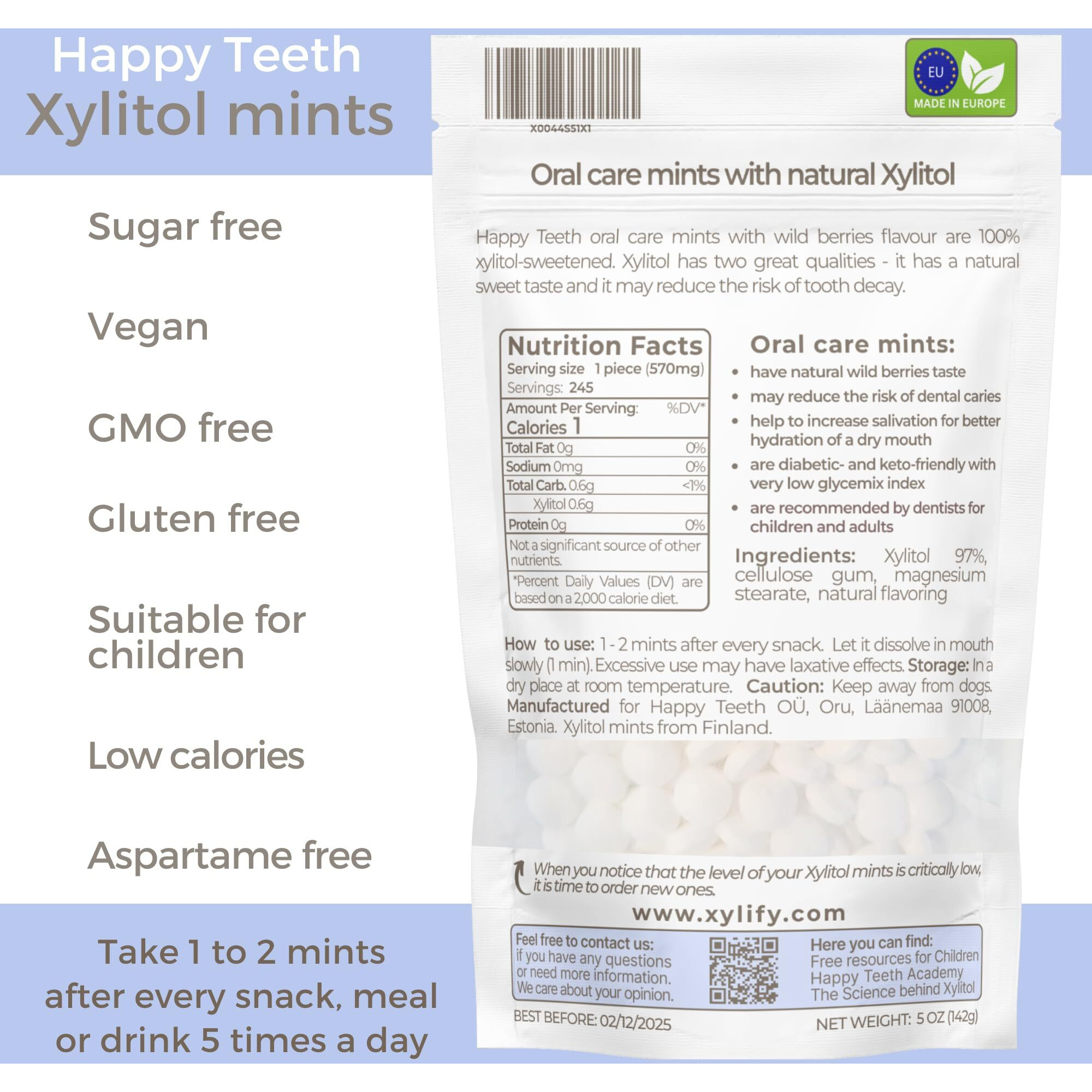 Xylitol Mints For Oral Care - Wild Berries Flavor, 100% Xylitol Sweetened, Sugar Free Candy, Happy Teeth Dental Mints From Finland. 5Oz - 245 Mints