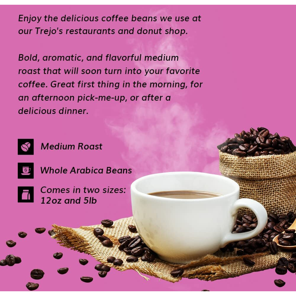 Trejo's Coffee House Blend Medium Roast Whole Bean Coffee, 12 Ounce Bag, 100% Arabica