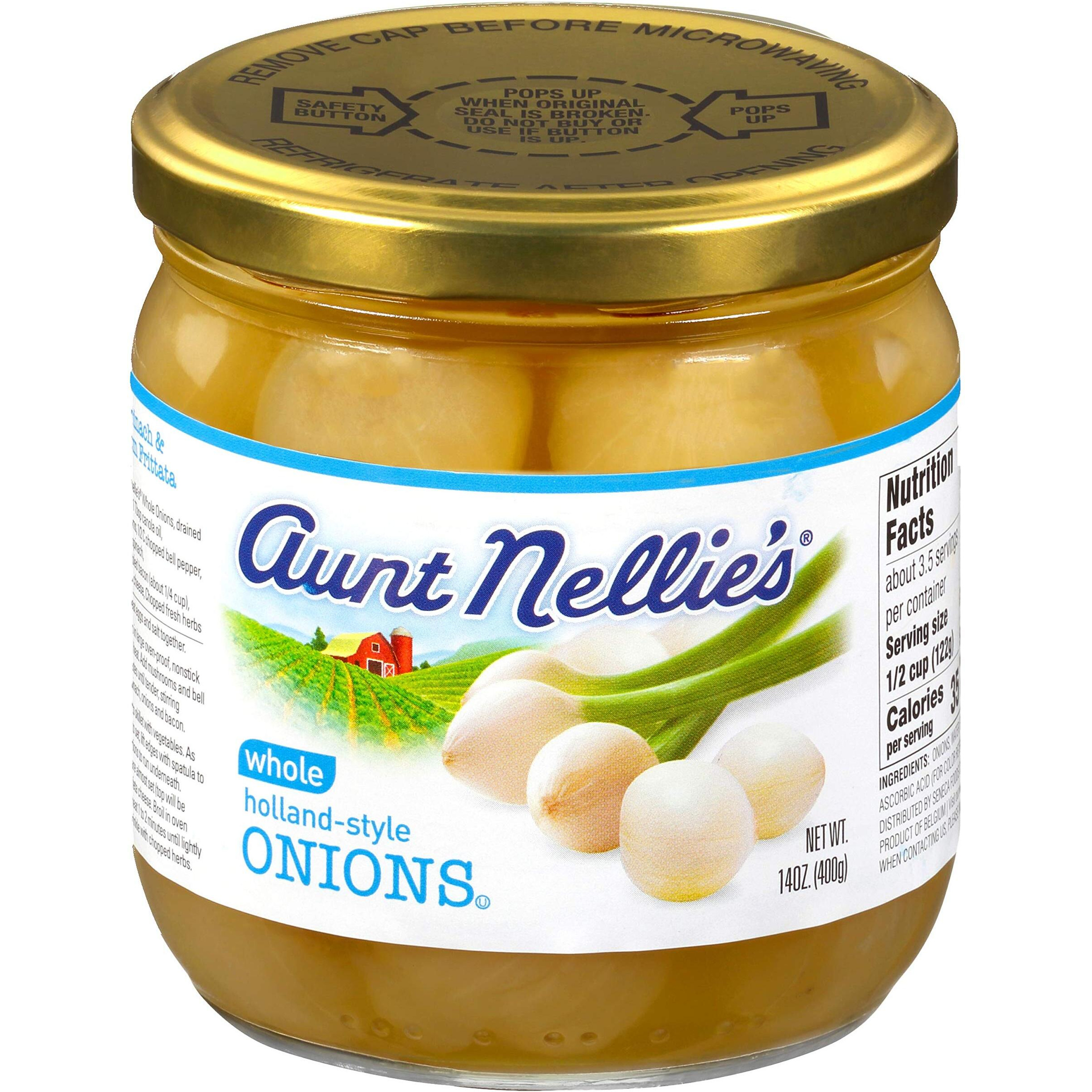 Aunt Nellies Whole Holland-Style Onions | Mildly Sweet-Tart And Delicious | Imported Bite-Sized, Plump Onions | Soup, Stews, Casseroles, Cocktails | 14 Oz. Glass Jars (Pack Of 2)