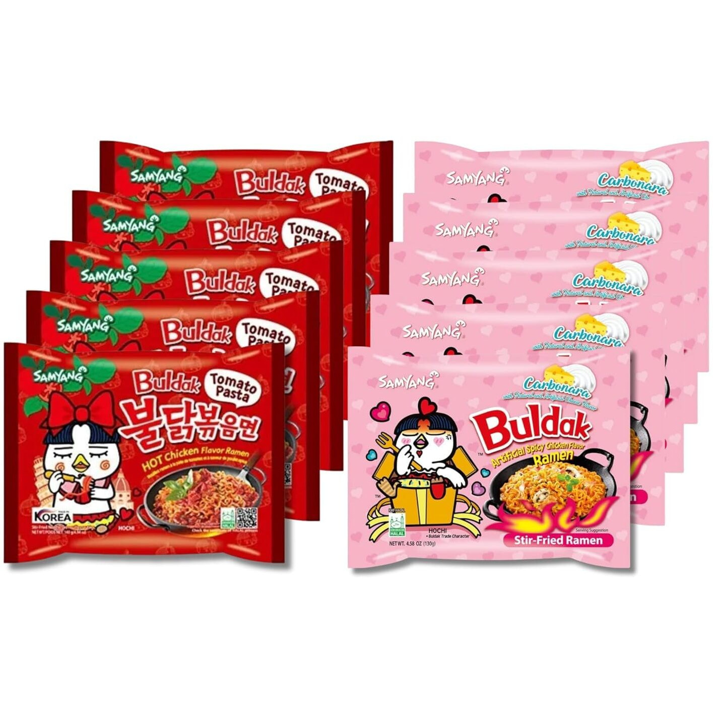 Samyang Buldak Hot Spicy Chicken Ramen Noodle Korean Stir-Fried Ramen (10, Carbonara, Tomato Pasta)