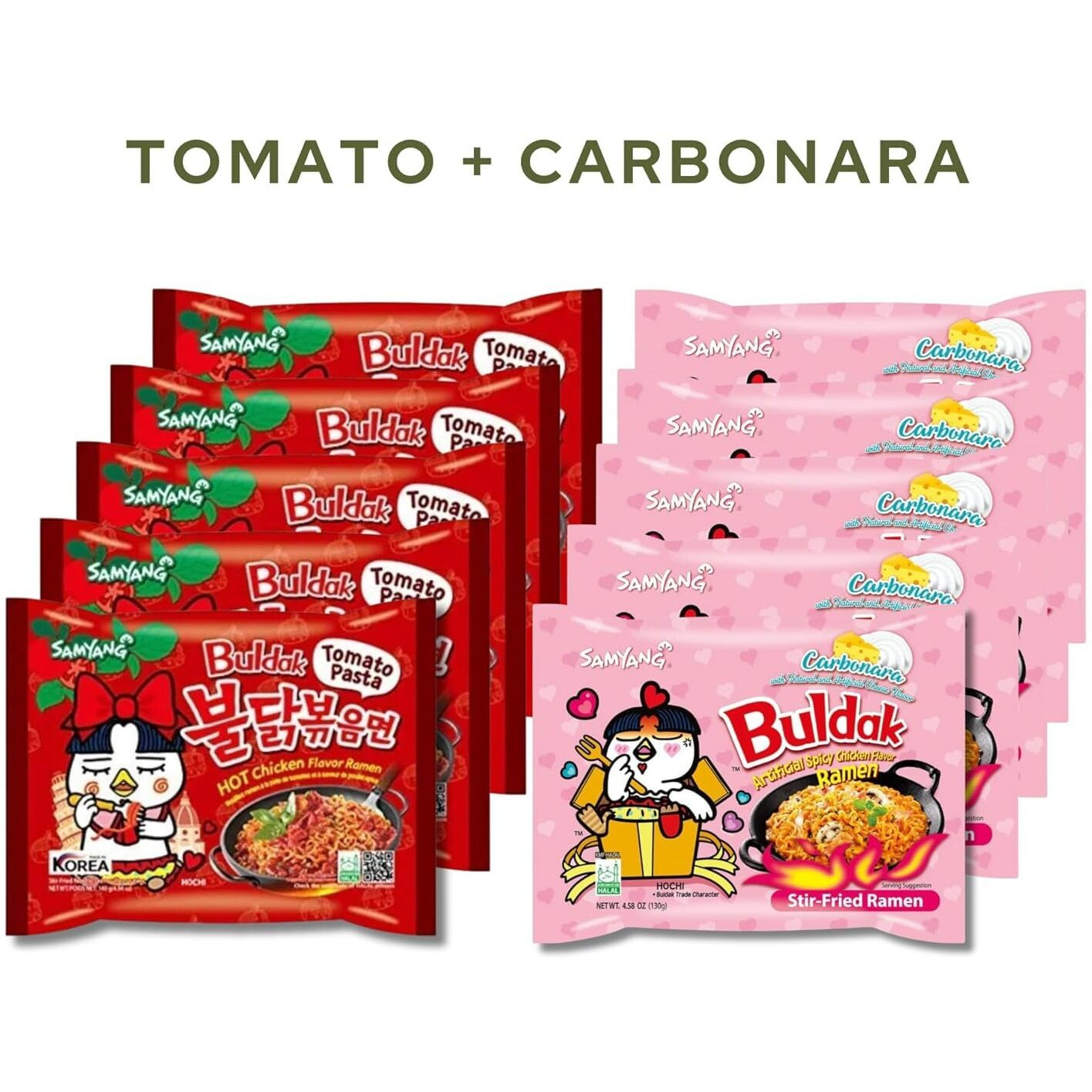 Samyang Buldak Hot Spicy Chicken Ramen Noodle Korean Stir-Fried Ramen (10, Carbonara, Tomato Pasta)