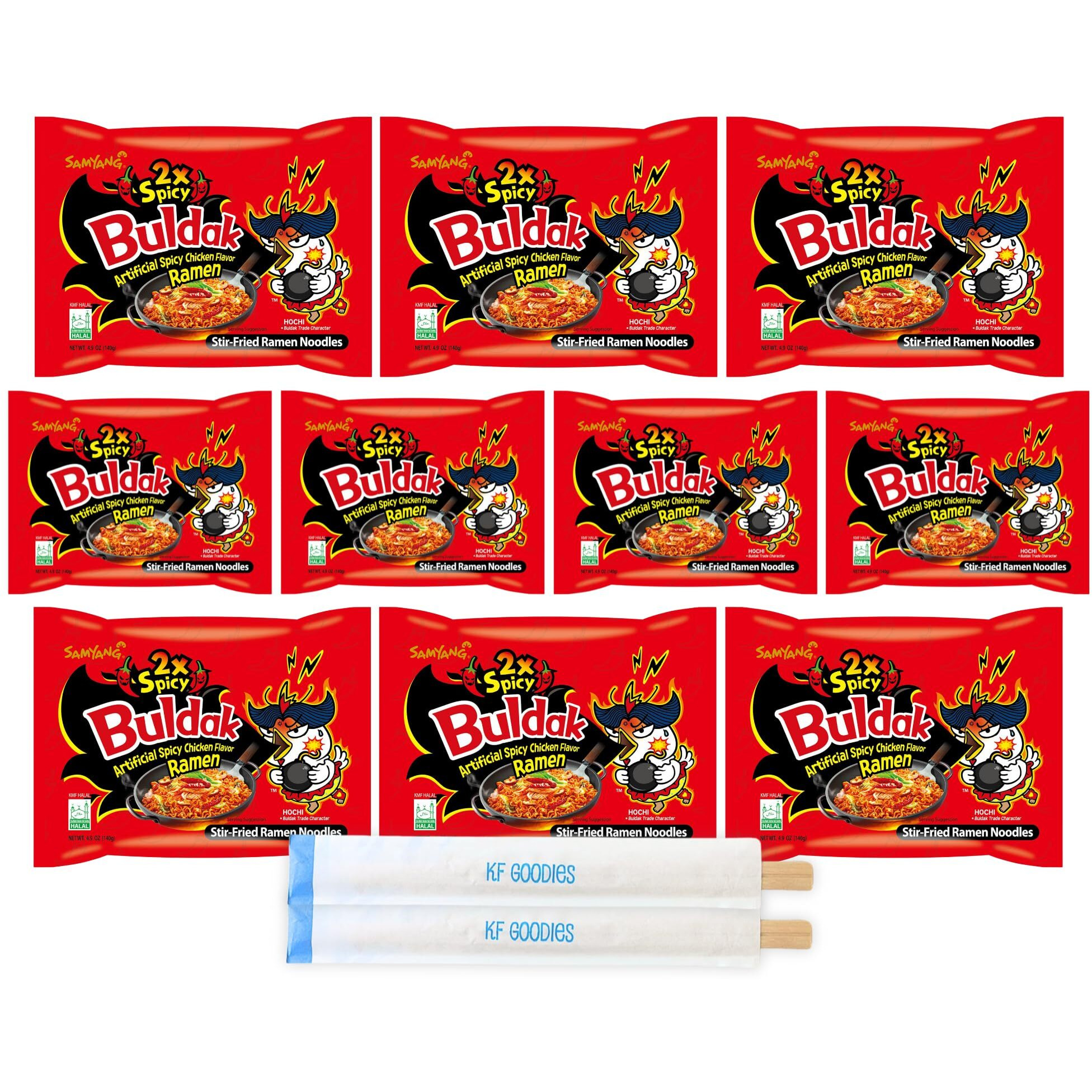 Samyang Buldak Hot Spicy Chicken Ramen Noodle Korean Stir-Fried Ramen, X2 Spicy Flavor, 5 Pack For Each Flavor (10, 2X Spicy)