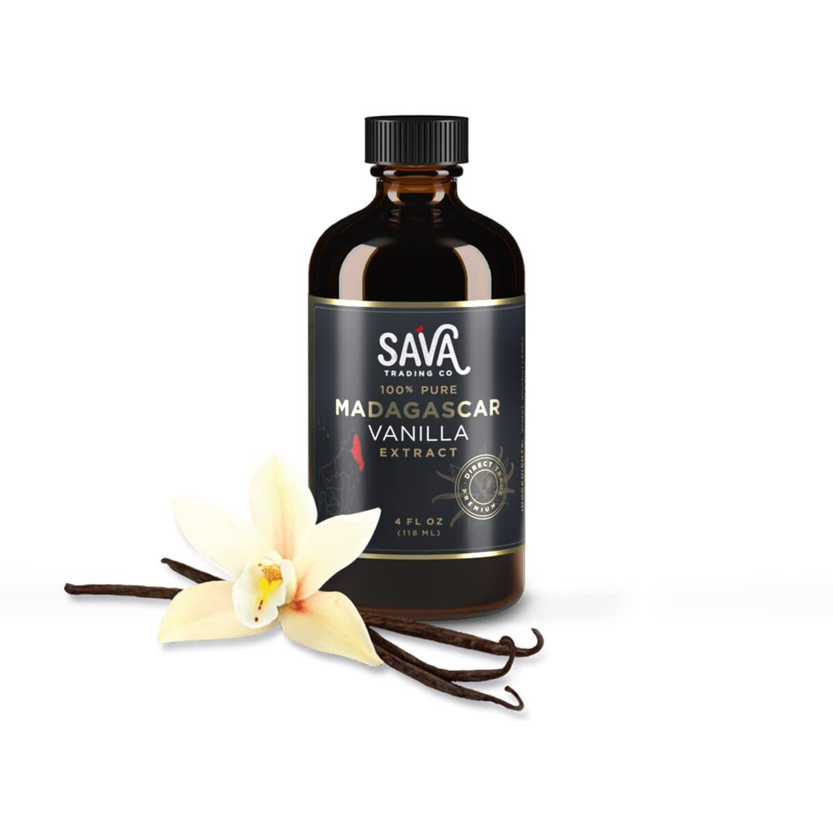 Sava Madagascar Vanilla Extract - 100% Pure Vanilla Extract From High-Quality Madagascar Vanilla Beans - No Sugar Added Gourmet Vanilla Extract - Baking Supplies (4 Oz)