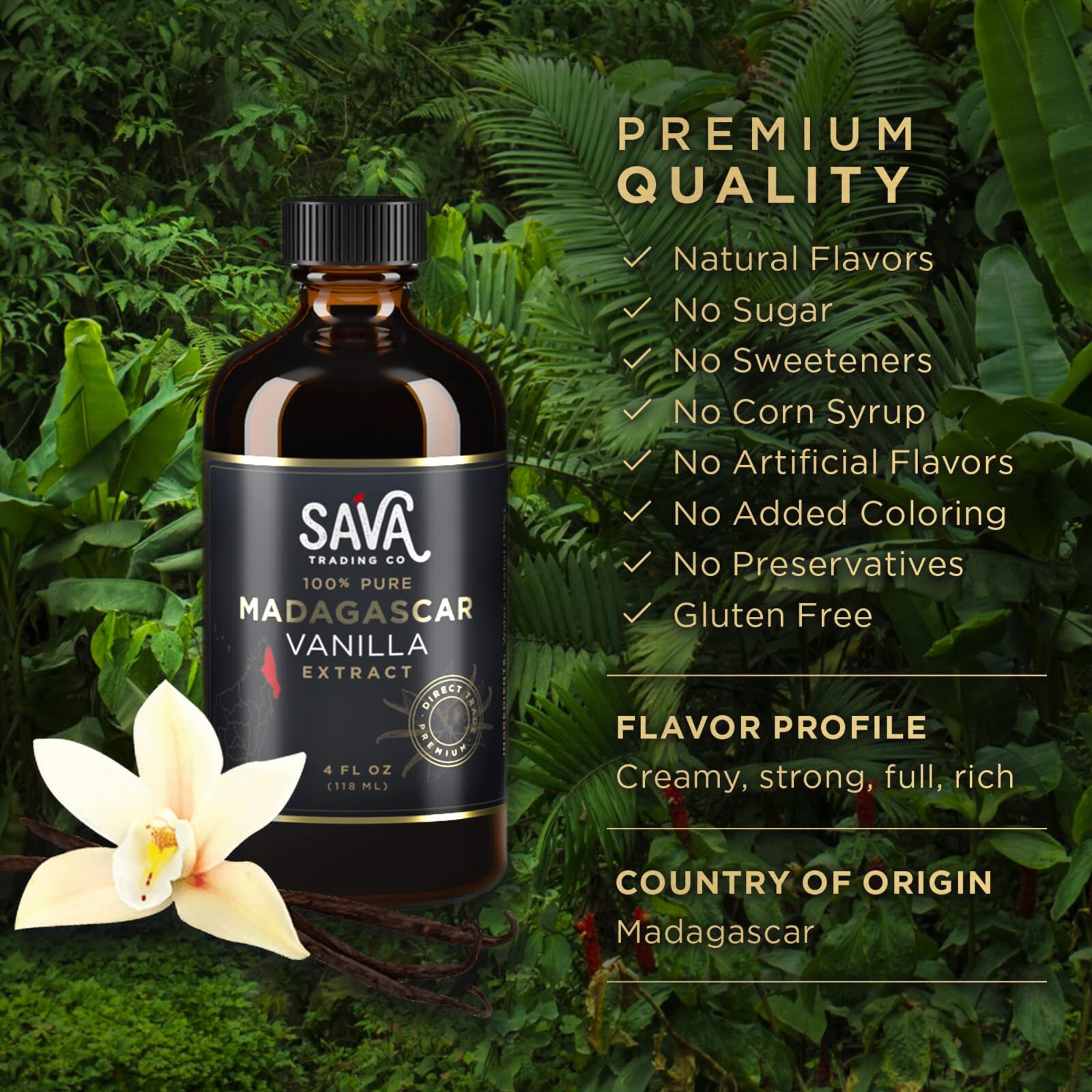 Sava Madagascar Vanilla Extract - 100% Pure Vanilla Extract From High-Quality Madagascar Vanilla Beans - No Sugar Added Gourmet Vanilla Extract - Baking Supplies (4 Oz)