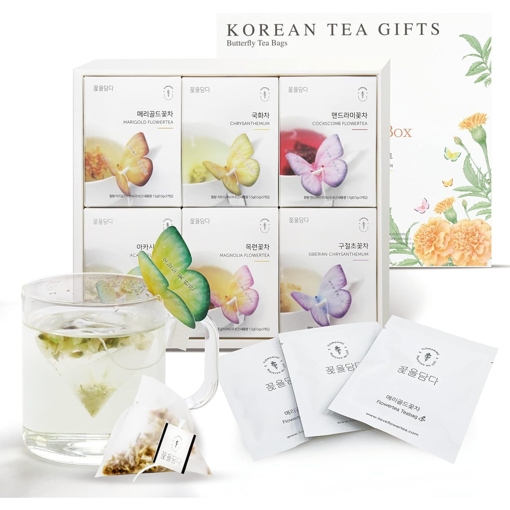 Kkokdam Tea Gift Set - Butterfly Tea Bags, Tea Variety Pack - Tea Bag Sampler, Tea Set, Unique Tea Gifts, Fancy Tea Bags, Korean Gift Set, Tea Korean Gifts - 6 Flavors