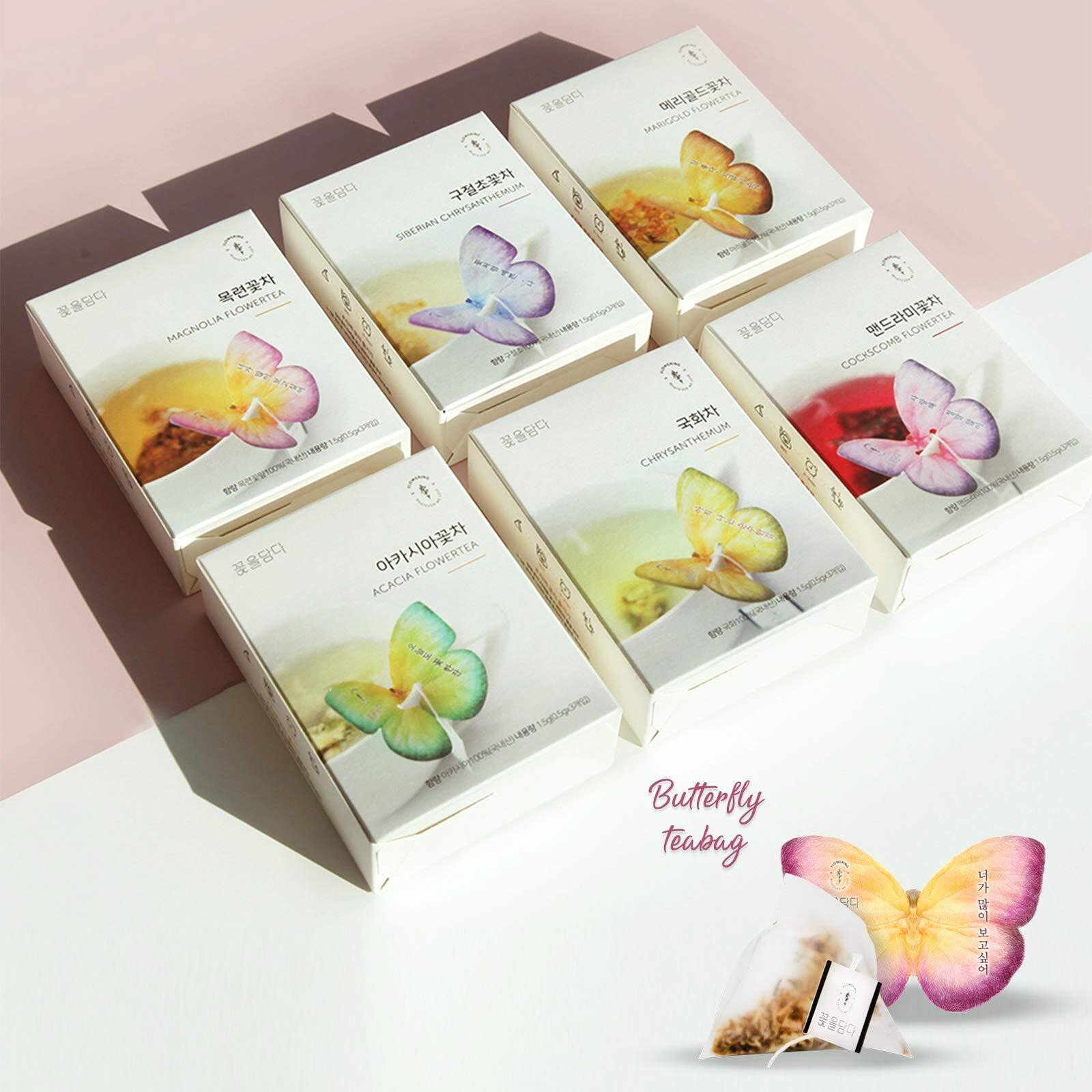 Kkokdam Tea Gift Set - Butterfly Tea Bags, Tea Variety Pack - Tea Bag Sampler, Tea Set, Unique Tea Gifts, Fancy Tea Bags, Korean Gift Set, Tea Korean Gifts - 6 Flavors