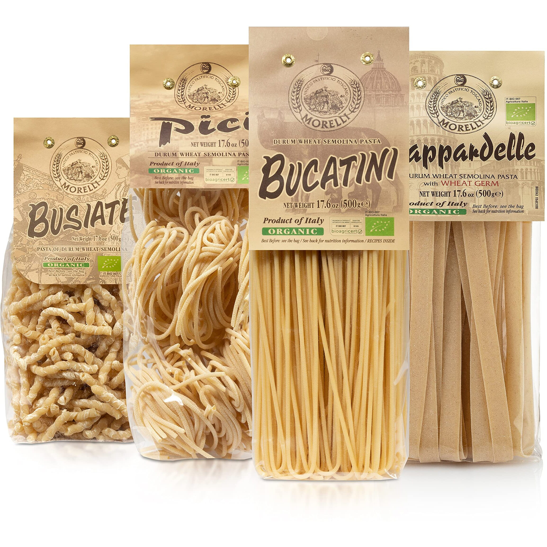 Morelli Busiate, Pappardelle, Pici, And Bucatini Pasta Variety Pack - Imported Italian Pasta Sampler - Specialty Assortment Includes Four-17.6 Oz Packages Of Gourmet Pasta From Italy