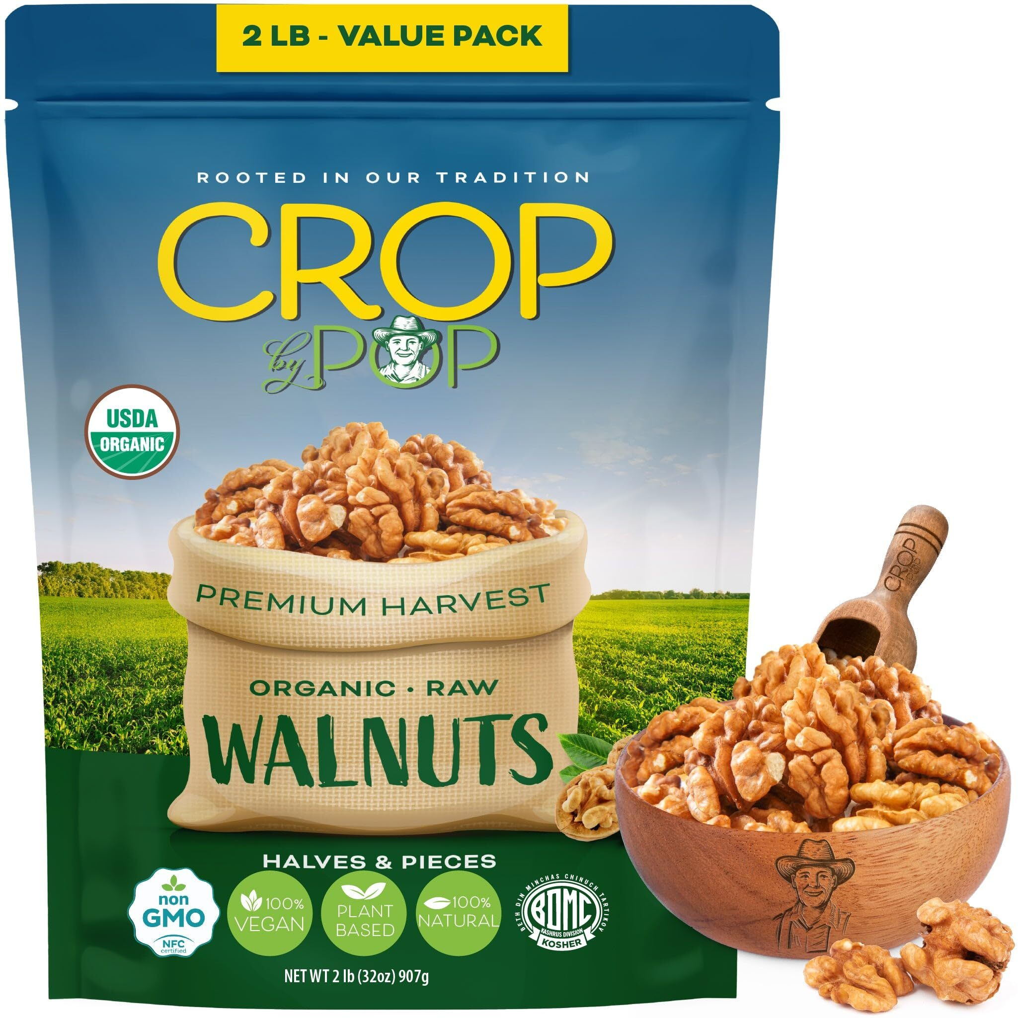 Crop By Pop - Organic Raw Walnuts Halves & Pieces, (32 Oz - 2 Lb) Usda Organic & Non Gmo Certified - Plant Based, Vegan, Kosher